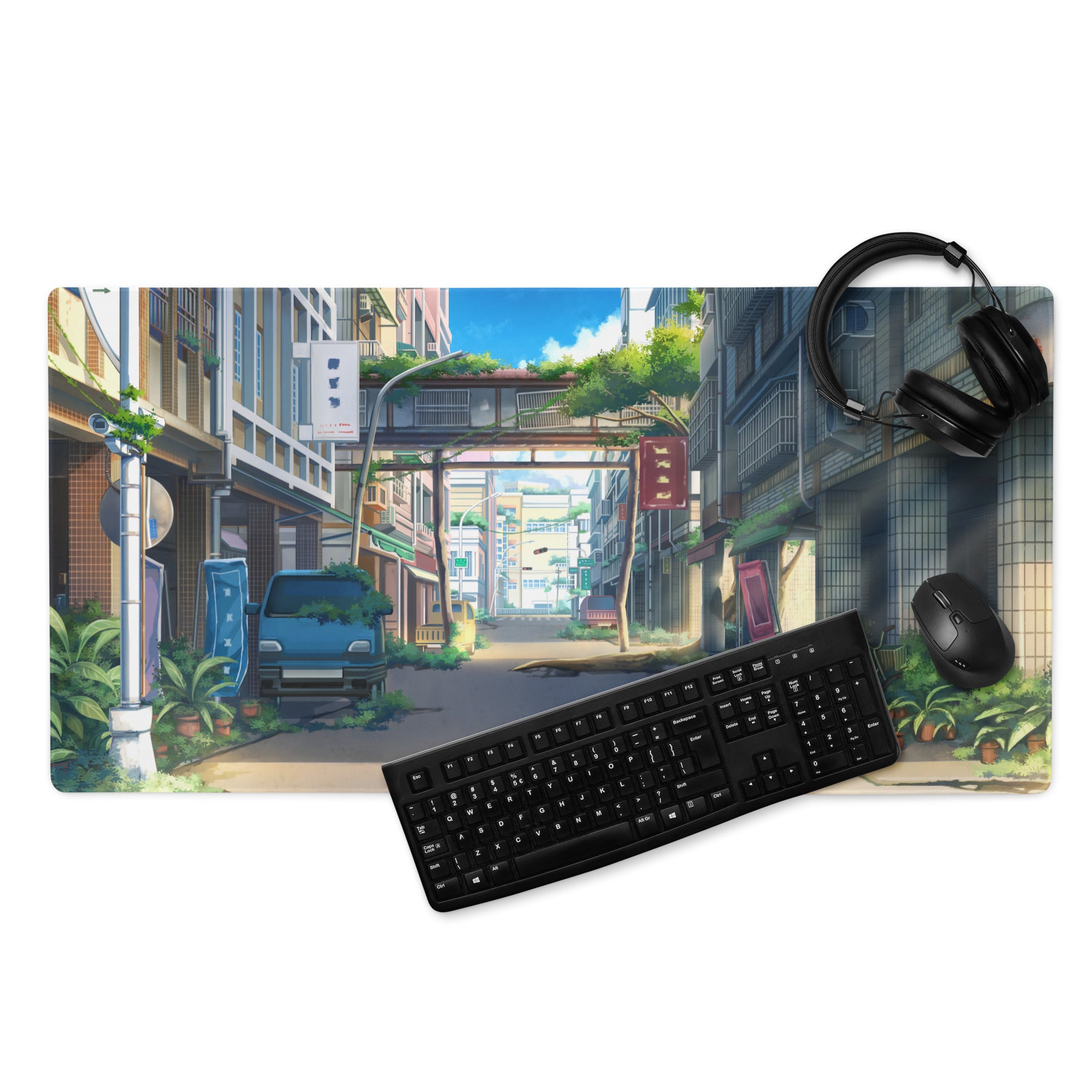 Anime City Street Desk Pad - City Street Anime, Blue Gray, Gaming Desk, Cinematic Illustration Calm Mood Painting