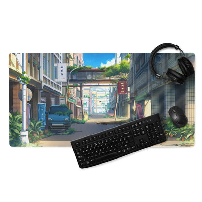 Anime City Street Desk Pad - City Street Anime, Blue Gray, Gaming Desk, Cinematic Illustration Calm Mood Painting