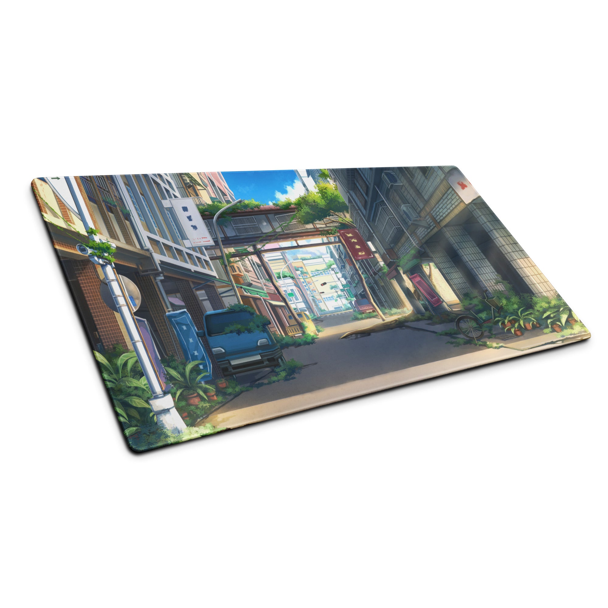Anime City Street Desk Pad - City Street Anime, Blue Gray, Gaming Desk, Cinematic Illustration Calm Mood Painting