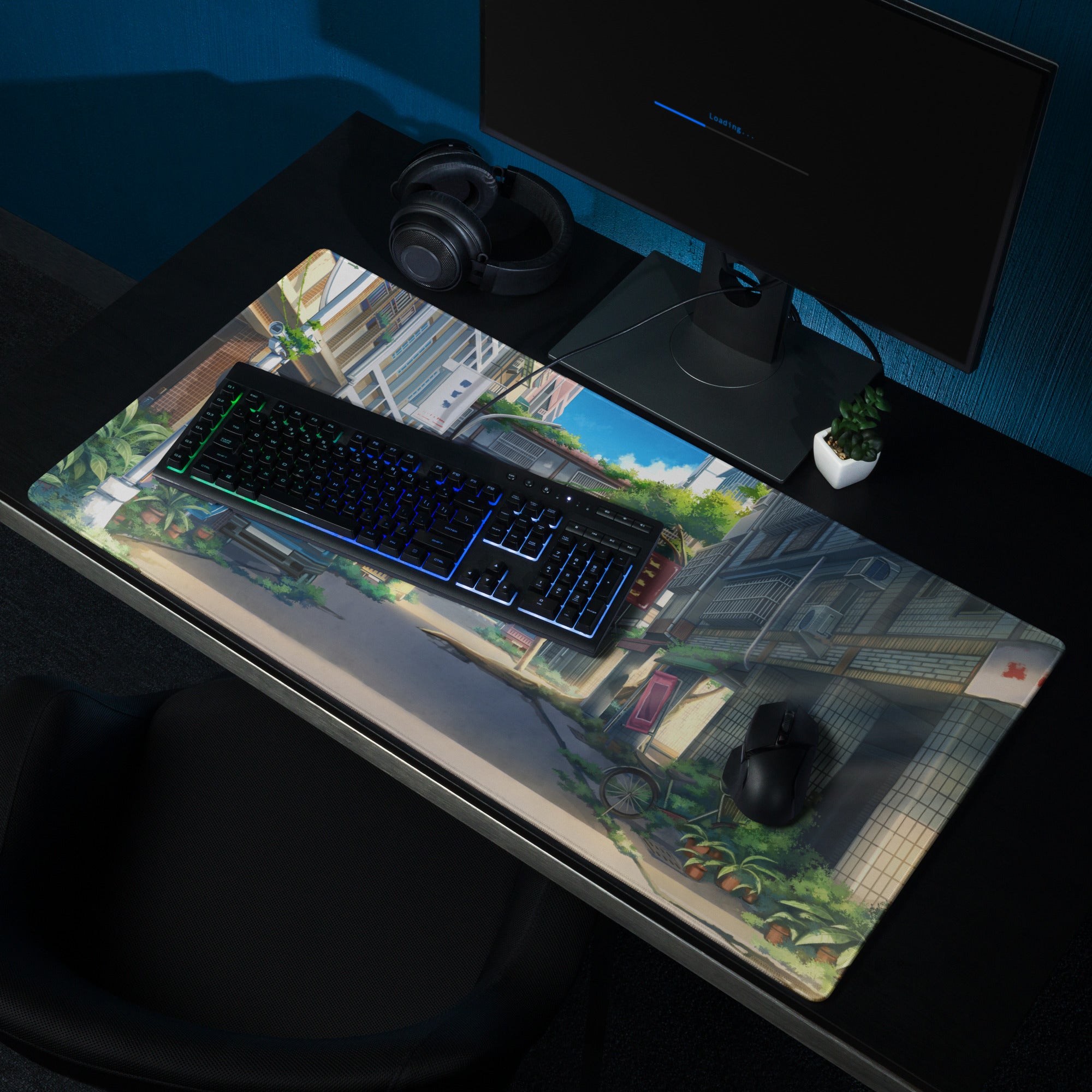 Anime City Street Desk Pad - City Street Anime, Blue Gray, Gaming Desk, Cinematic Illustration Calm Mood Painting