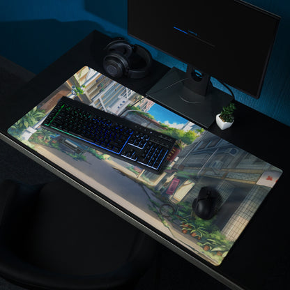 Anime City Street Desk Pad - City Street Anime, Blue Gray, Gaming Desk, Cinematic Illustration Calm Mood Painting