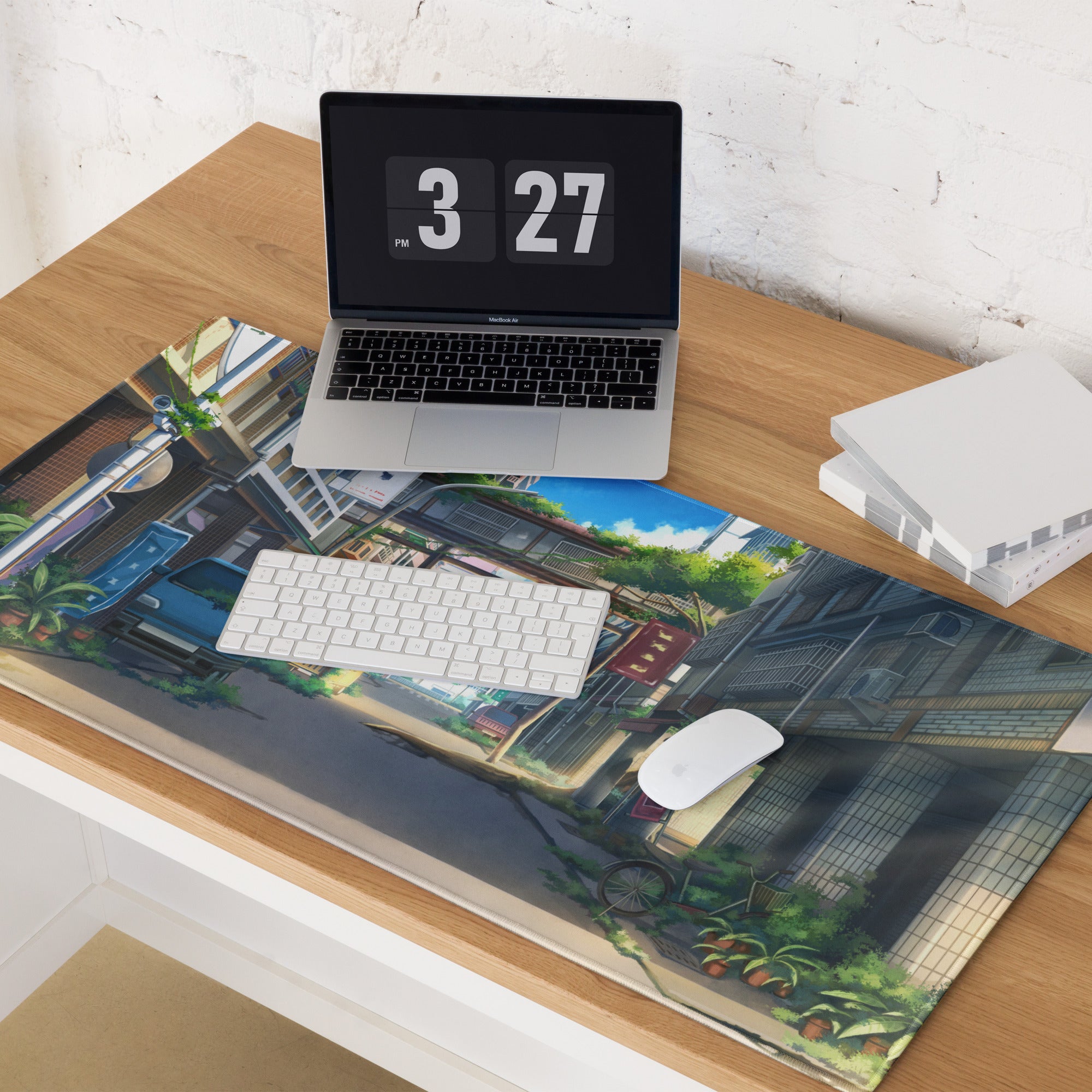 Anime City Street Desk Pad - City Street Anime, Blue Gray, Gaming Desk, Cinematic Illustration Calm Mood Painting