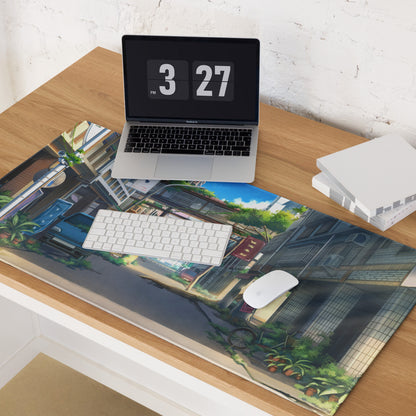 Anime City Street Desk Pad - City Street Anime, Blue Gray, Gaming Desk, Cinematic Illustration Calm Mood Painting