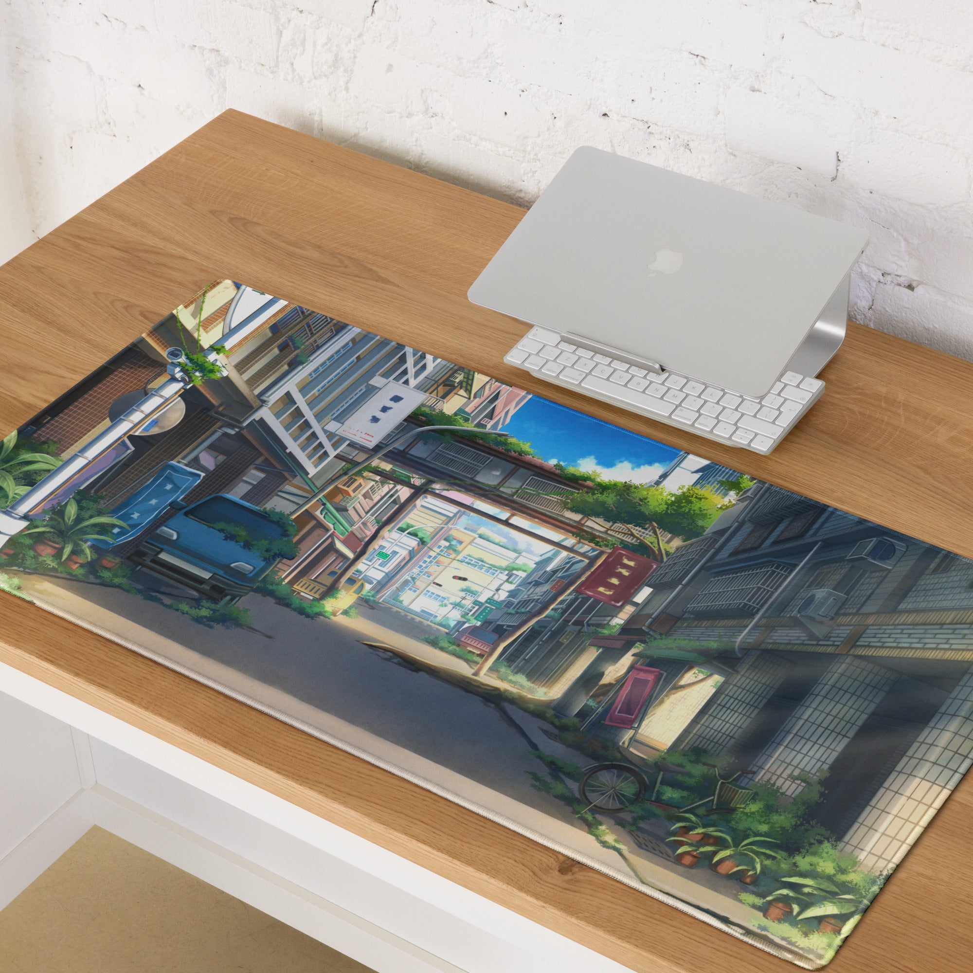 Anime City Street Desk Pad - City Street Anime, Blue Gray, Gaming Desk, Cinematic Illustration Calm Mood Painting