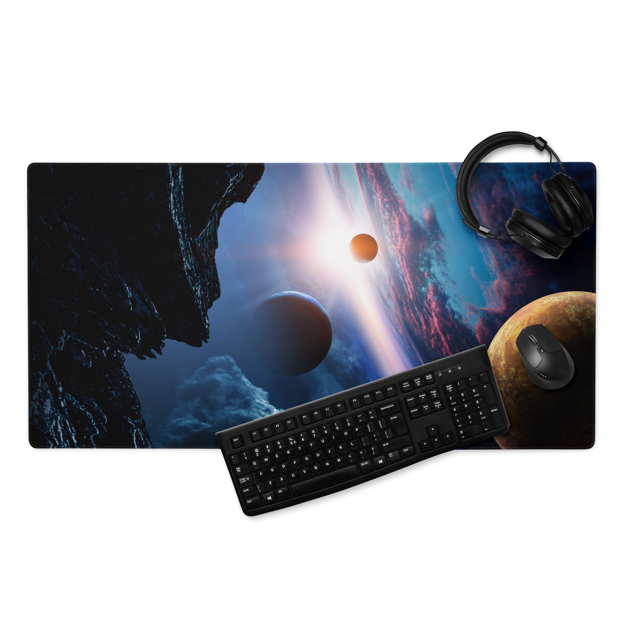 Cosmic Orbit Gaming Mouse Pad - Space Scene Blue Black Orange Desk Setup Moody Futuristic Minimalist Space Decor Print