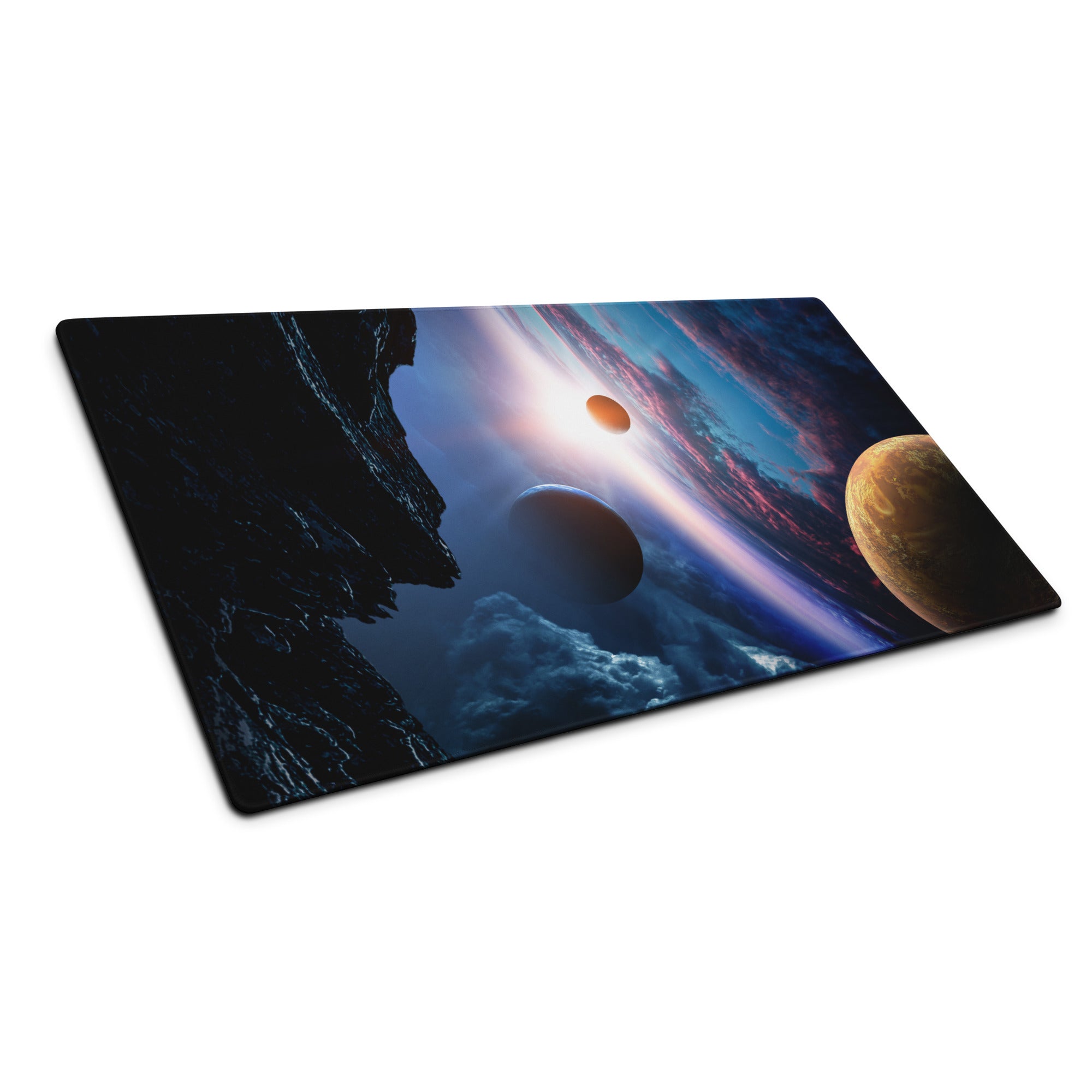 Cosmic Orbit Gaming Mouse Pad - Space Scene Blue Black Orange Desk Setup Moody Futuristic Minimalist Space Decor Print