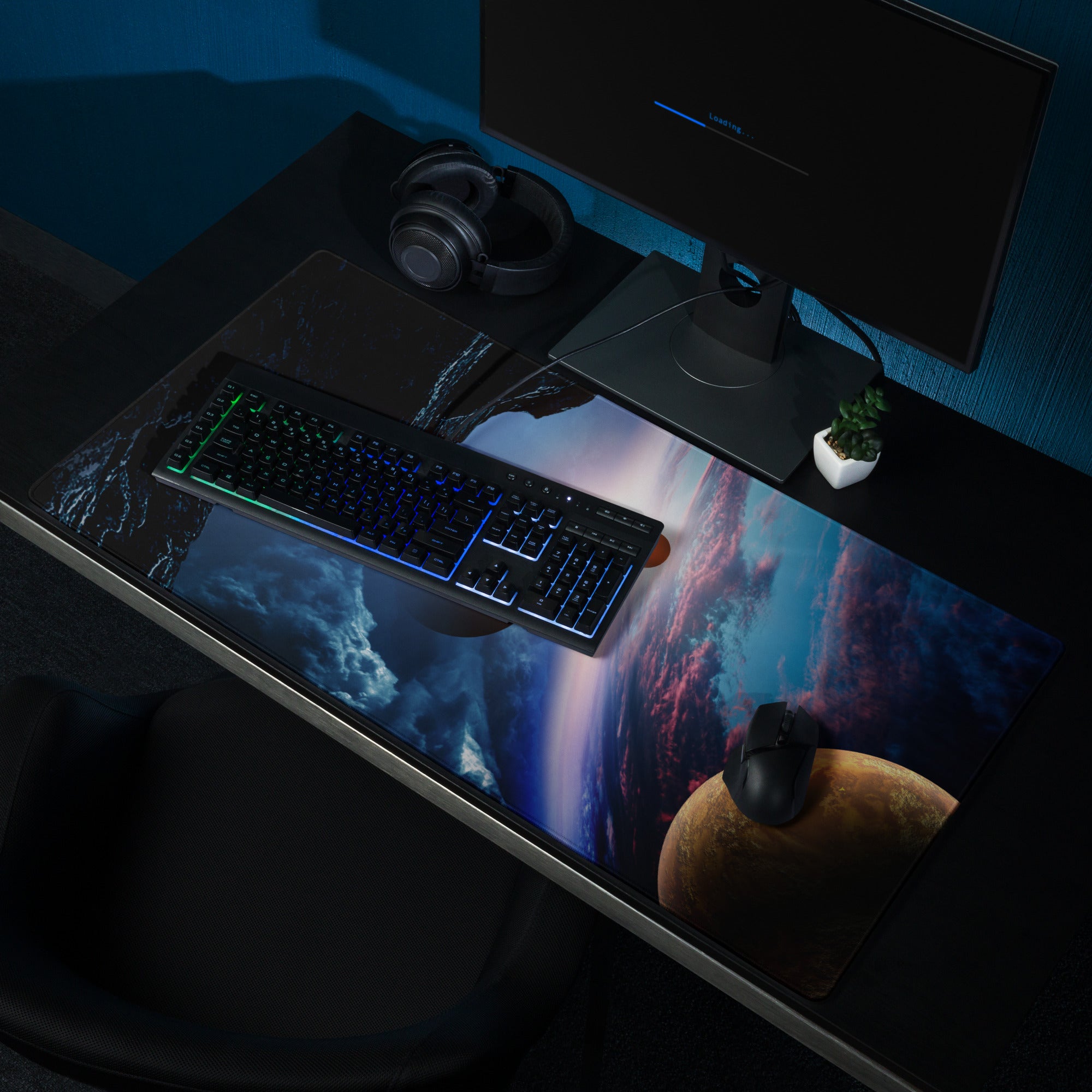 Cosmic Orbit Gaming Mouse Pad - Space Scene Blue Black Orange Desk Setup Moody Futuristic Minimalist Space Decor Print
