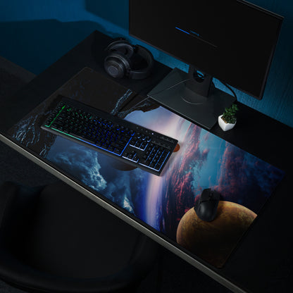 Cosmic Orbit Gaming Mouse Pad - Space Scene Blue Black Orange Desk Setup Moody Futuristic Minimalist Space Decor Print