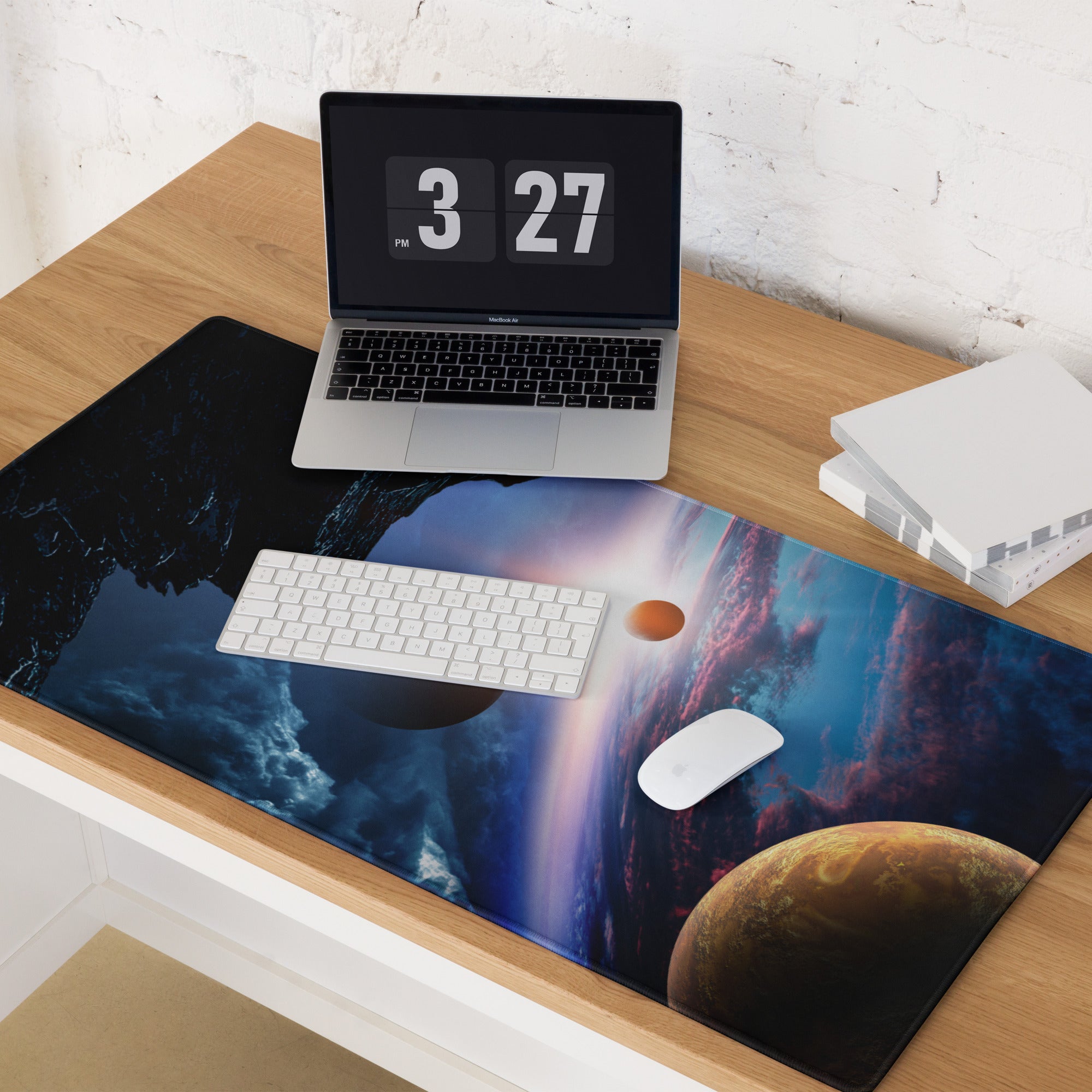 Cosmic Orbit Gaming Mouse Pad - Space Scene Blue Black Orange Desk Setup Moody Futuristic Minimalist Space Decor Print