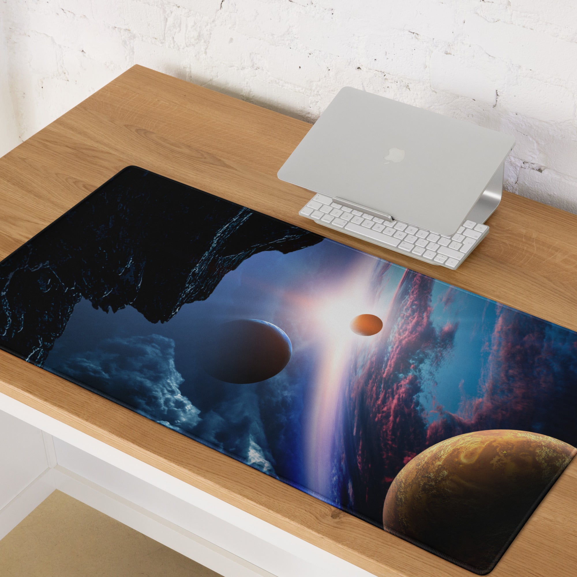 Cosmic Orbit Gaming Mouse Pad - Space Scene Blue Black Orange Desk Setup Moody Futuristic Minimalist Space Decor Print