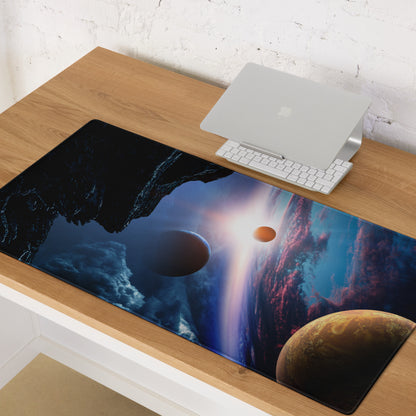 Cosmic Orbit Gaming Mouse Pad - Space Scene Blue Black Orange Desk Setup Moody Futuristic Minimalist Space Decor Print