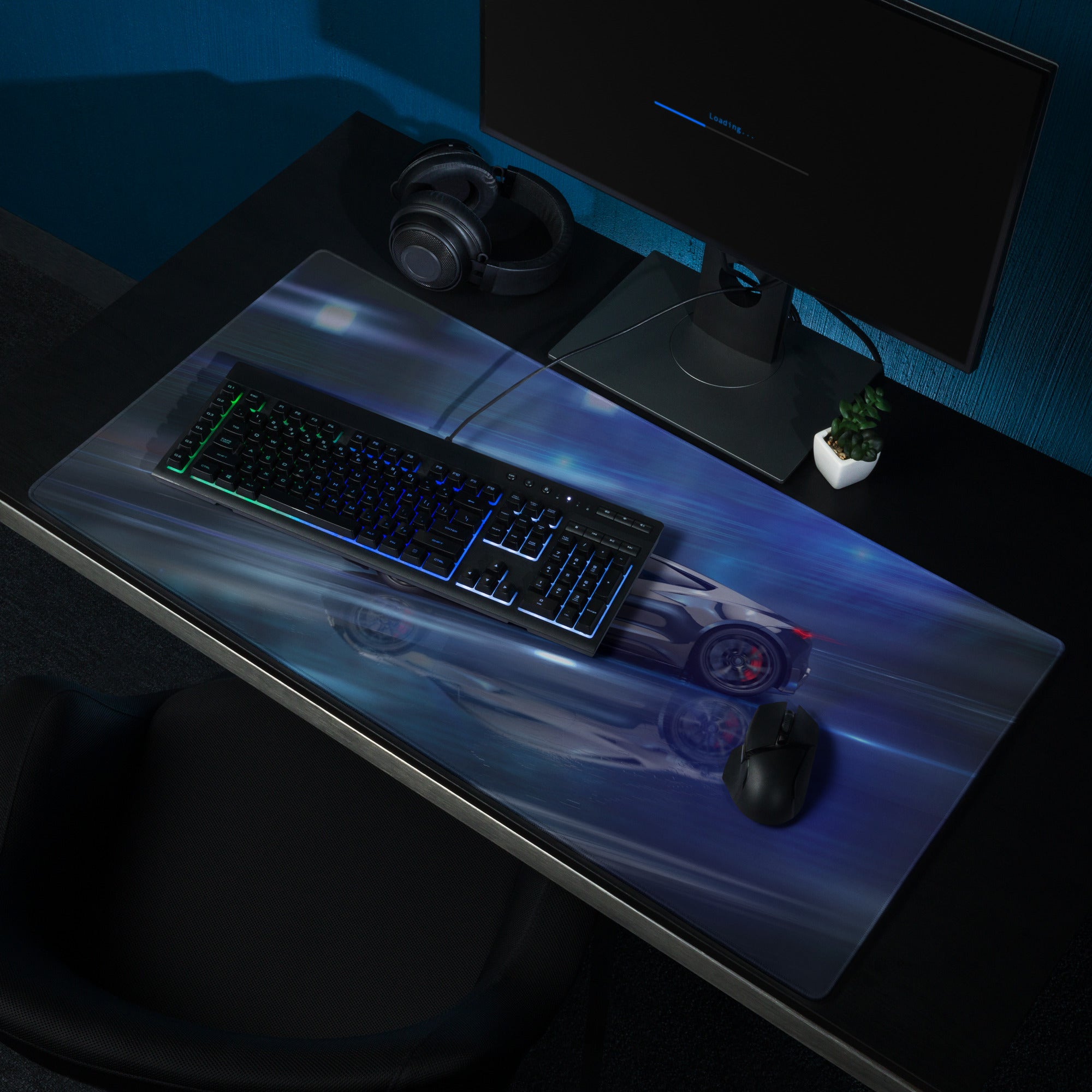 Blue Neon Speed Car Mouse Pad - Gaming Mouse Pad Blue Desk Setup Futuristic Dynamic Mood Tech Modern Esports CGI