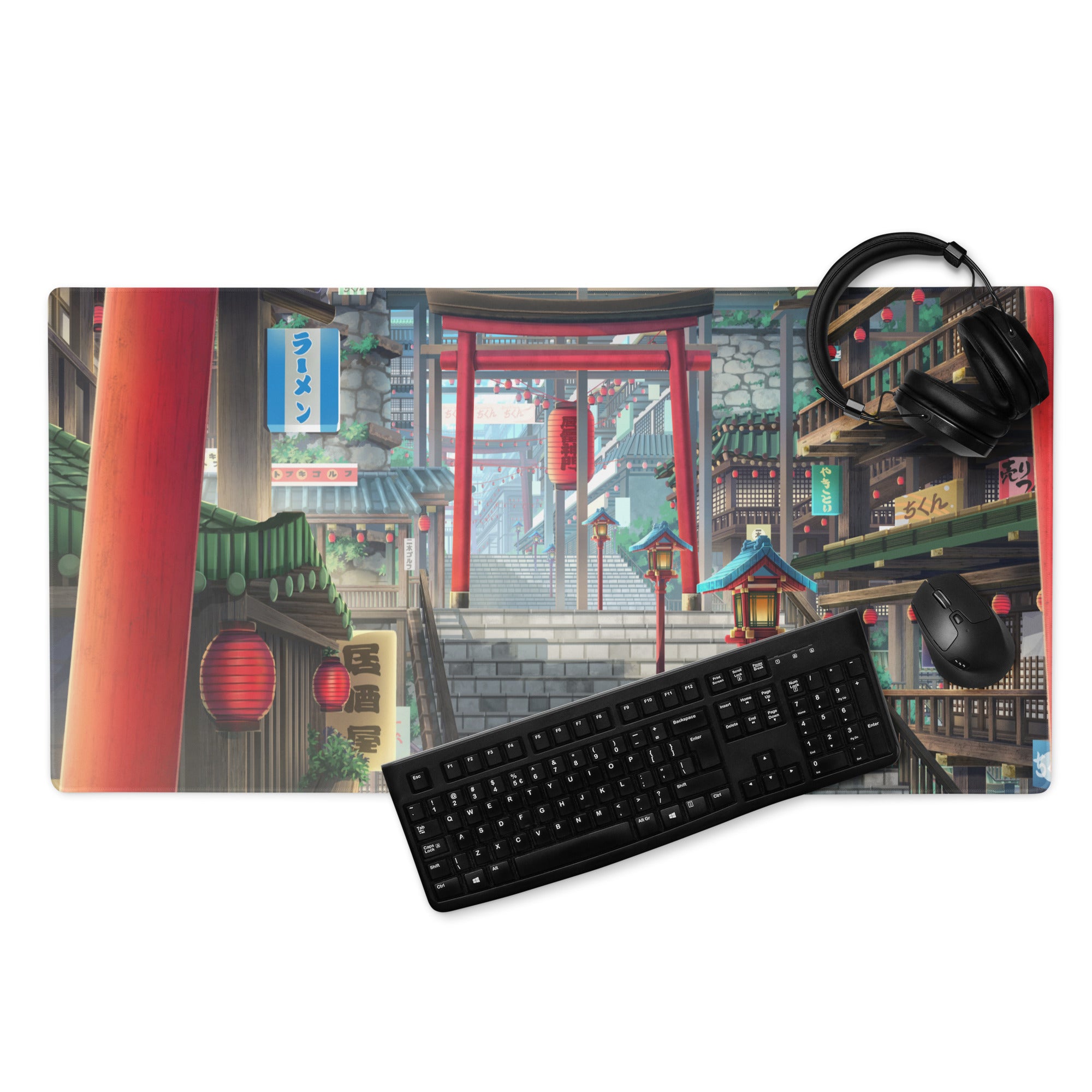Neon Tokyo Lantern Alley Mouse Pad - Gaming Mouse Pad Red Blue Desk Anime Immersive Night Mood Cyberpunk Digital Art