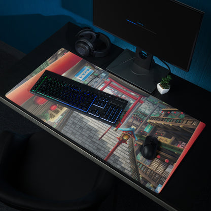 Neon Tokyo Lantern Alley Mouse Pad - Gaming Mouse Pad Red Blue Desk Anime Immersive Night Mood Cyberpunk Digital Art