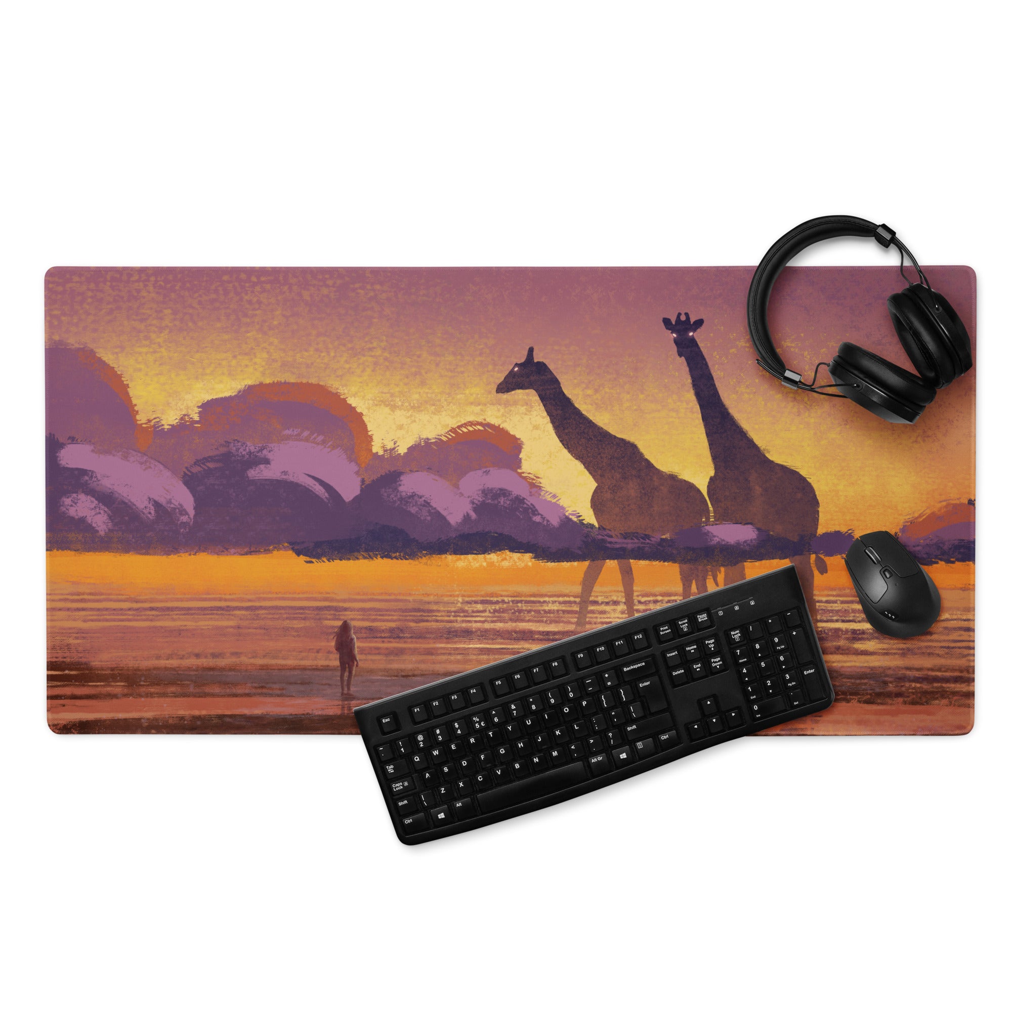 Sunset Safari Desk Pad - Sunset Safari Orange Purple Desk Pad Silhouette Warm Mood Modern Gaming Desk Pad Art