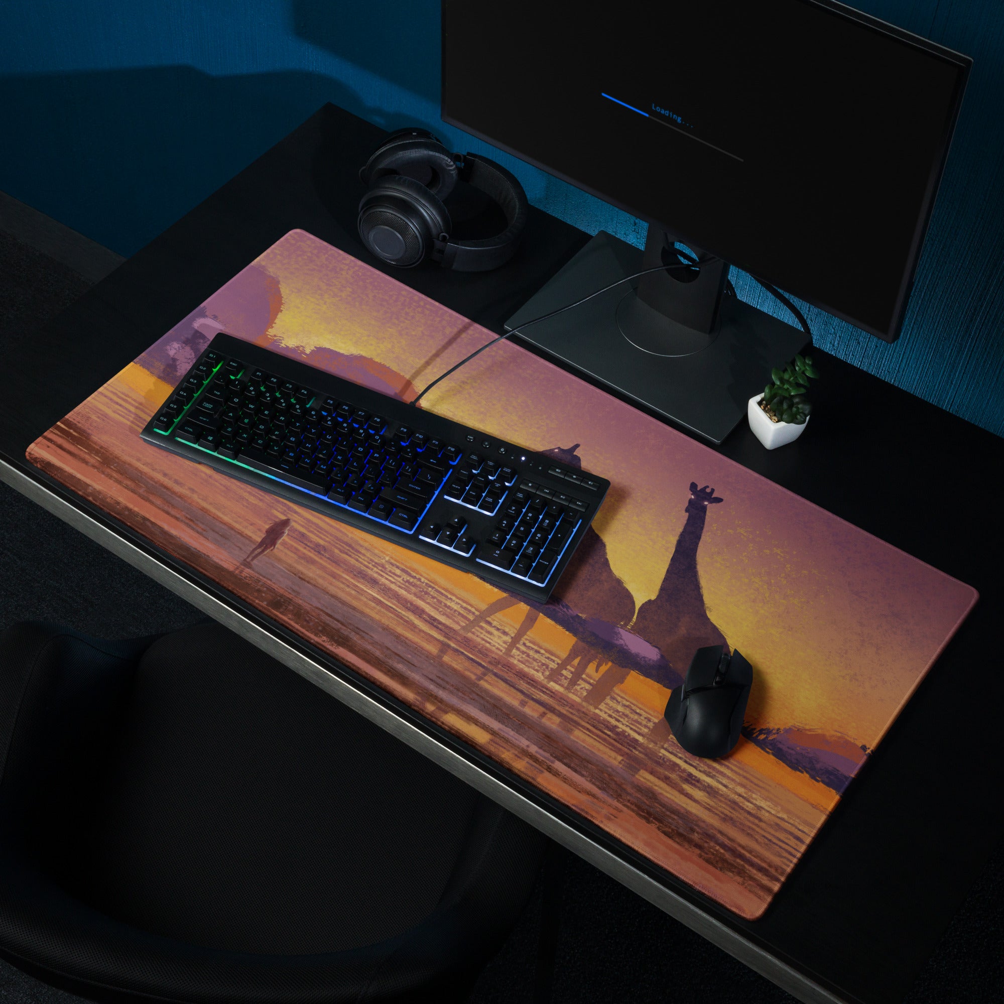 Sunset Safari Desk Pad - Sunset Safari Orange Purple Desk Pad Silhouette Warm Mood Modern Gaming Desk Pad Art