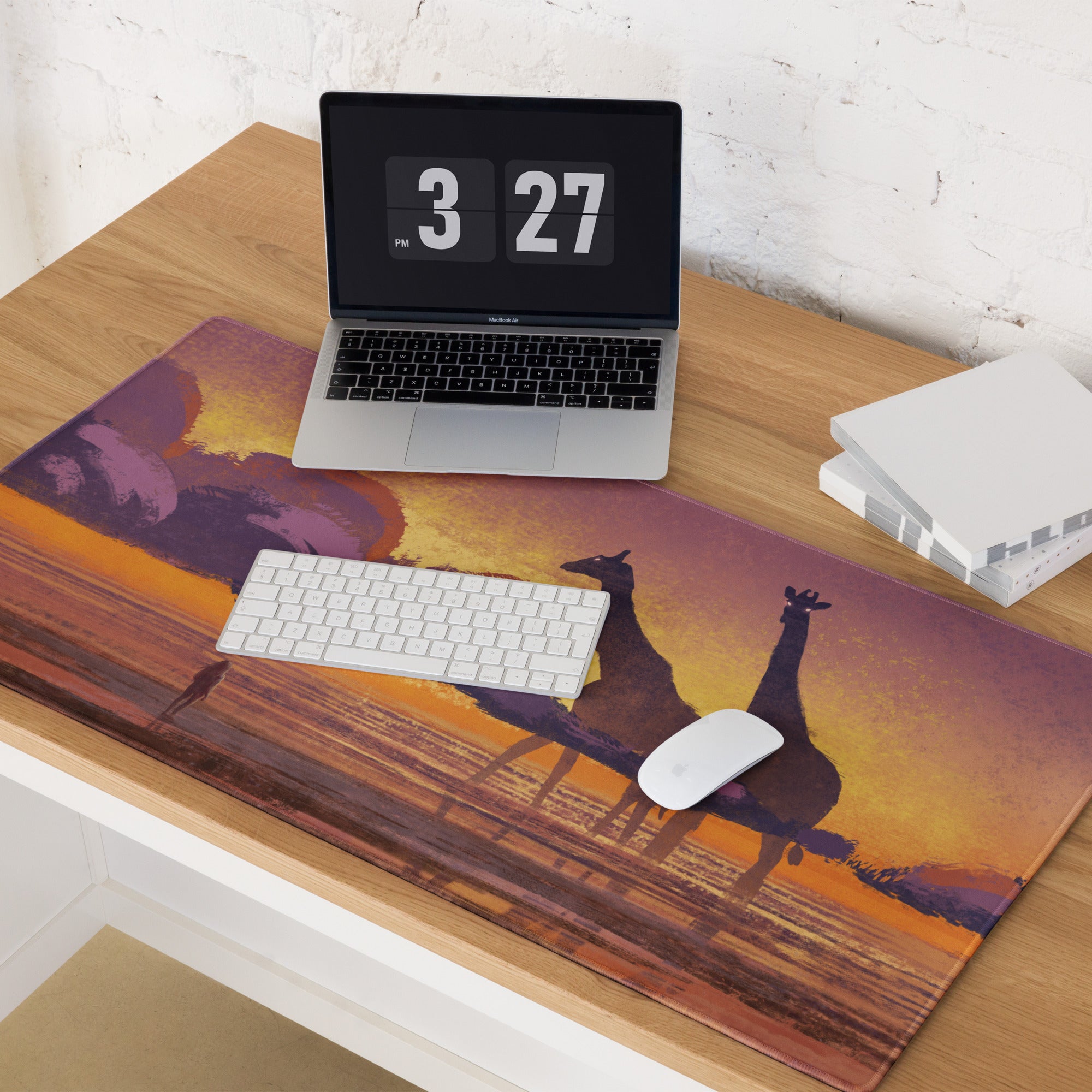 Sunset Safari Desk Pad - Sunset Safari Orange Purple Desk Pad Silhouette Warm Mood Modern Gaming Desk Pad Art