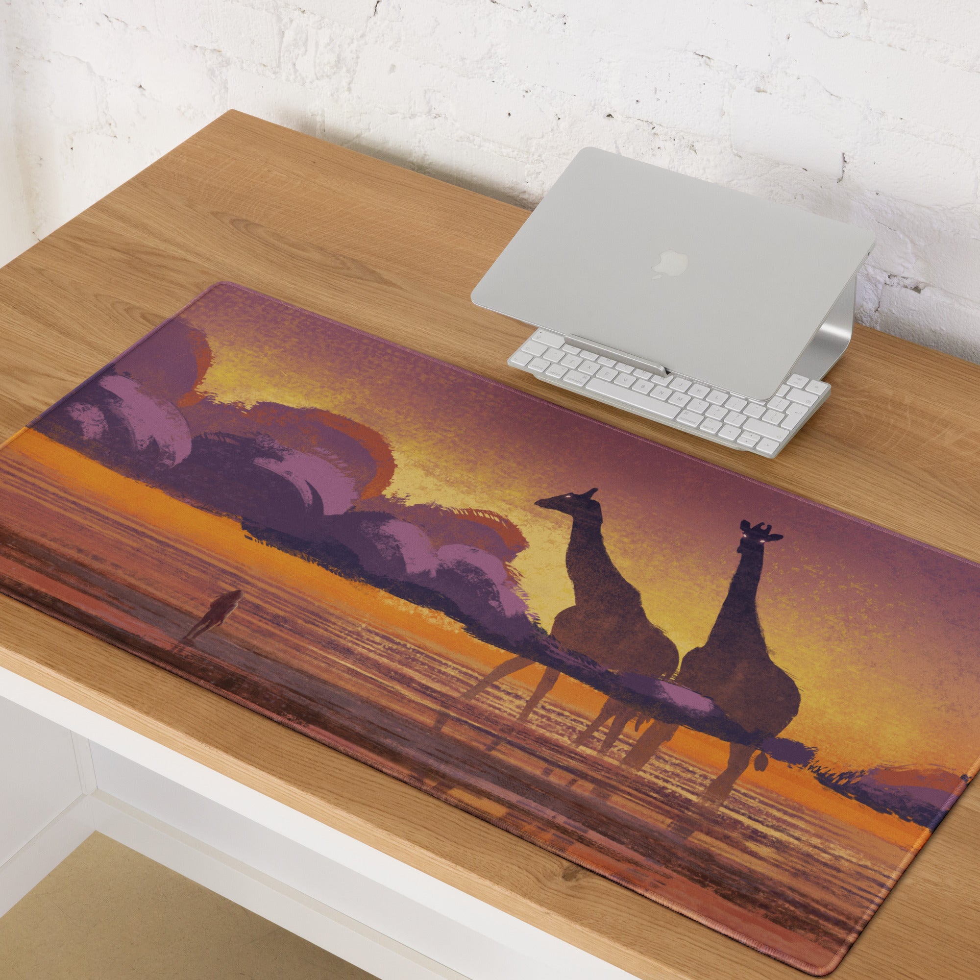 Sunset Safari Desk Pad - Sunset Safari Orange Purple Desk Pad Silhouette Warm Mood Modern Gaming Desk Pad Art