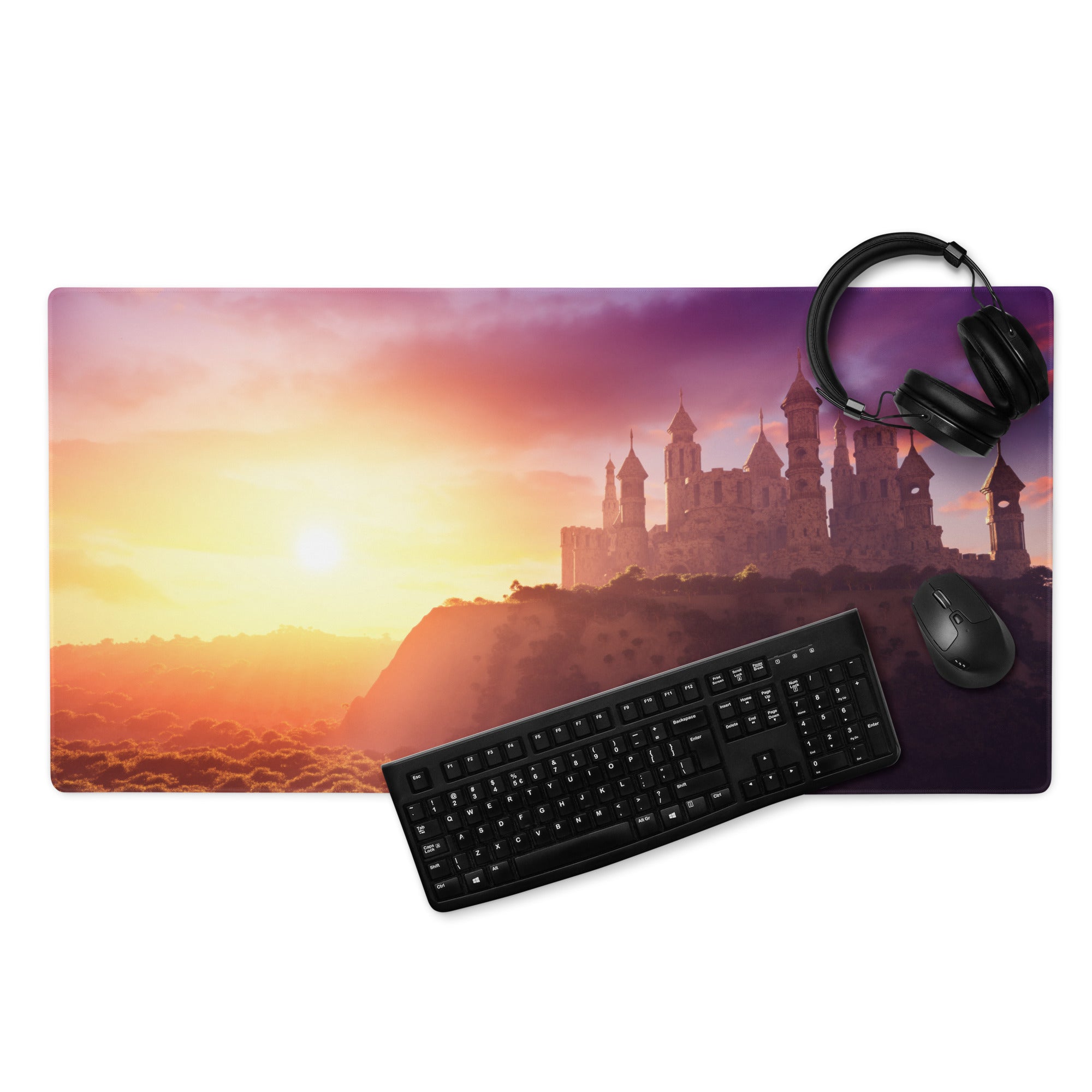 Castle Sunset Mouse Pad - Castle Sunset Orange Purple Gaming Desk Fantasy Dreamy Mood Castle Decor Printed Fabric