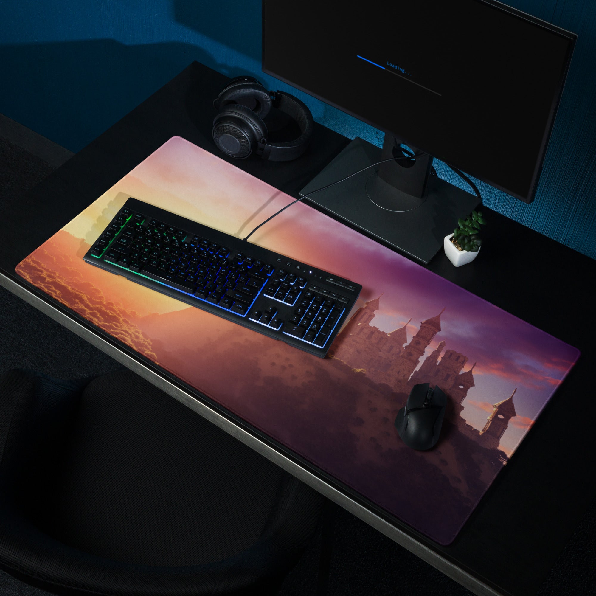 Castle Sunset Mouse Pad - Castle Sunset Orange Purple Gaming Desk Fantasy Dreamy Mood Castle Decor Printed Fabric