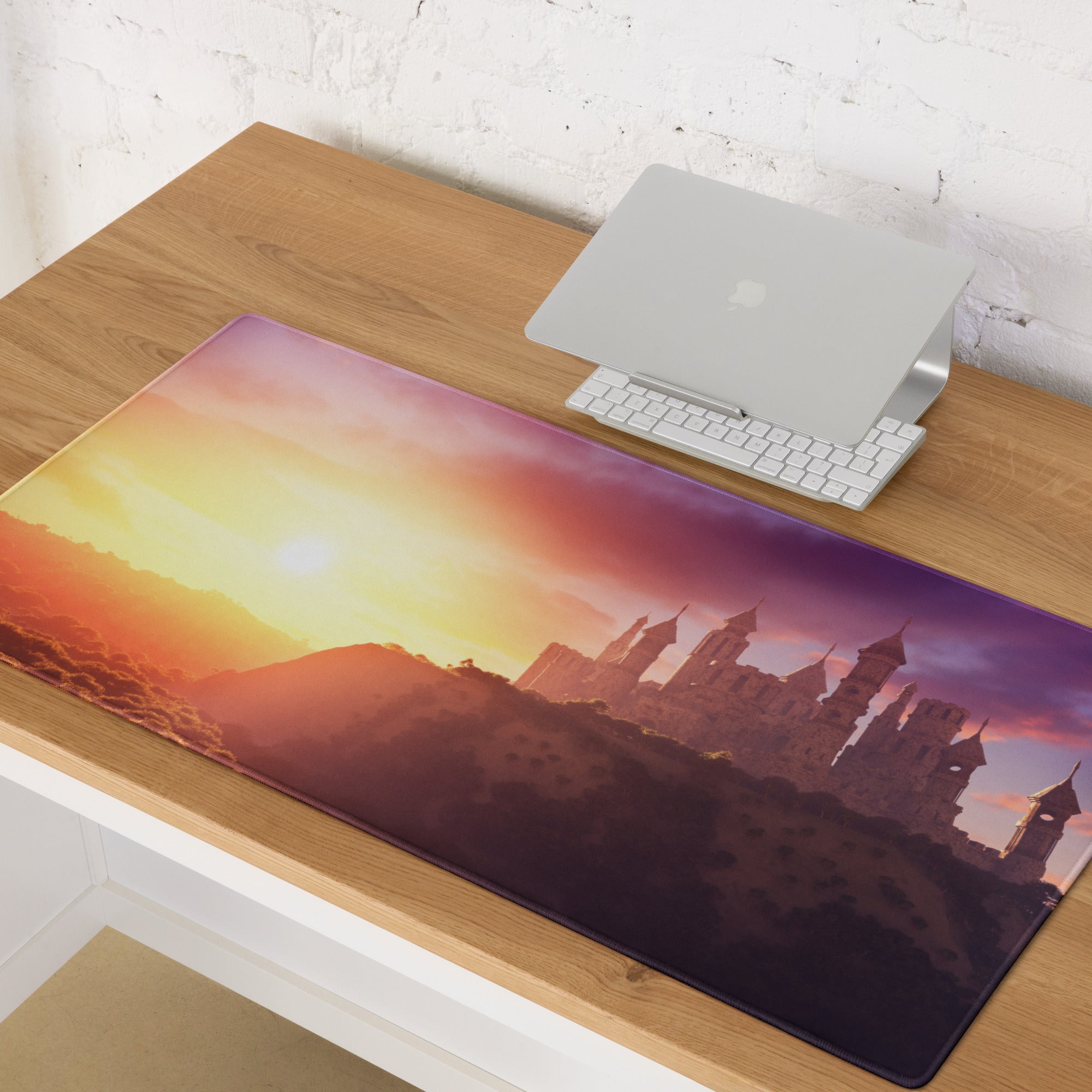 Castle Sunset Mouse Pad - Castle Sunset Orange Purple Gaming Desk Fantasy Dreamy Mood Castle Decor Printed Fabric