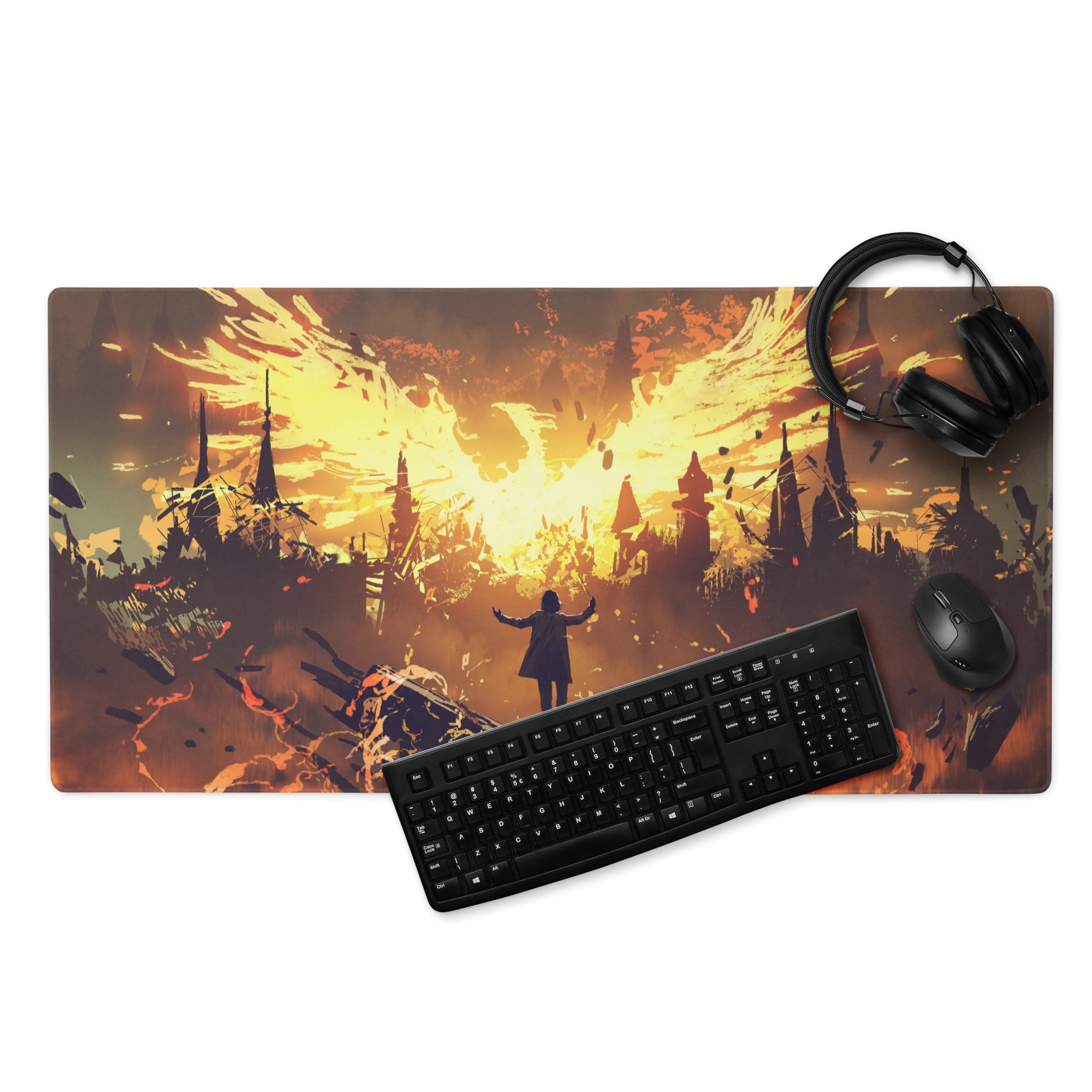 Inferno Siege Gaming Mouse Pad - Gaming Mouse Pad Orange Yellow Desk Fiery Mood Battlefield Style Digital Art
