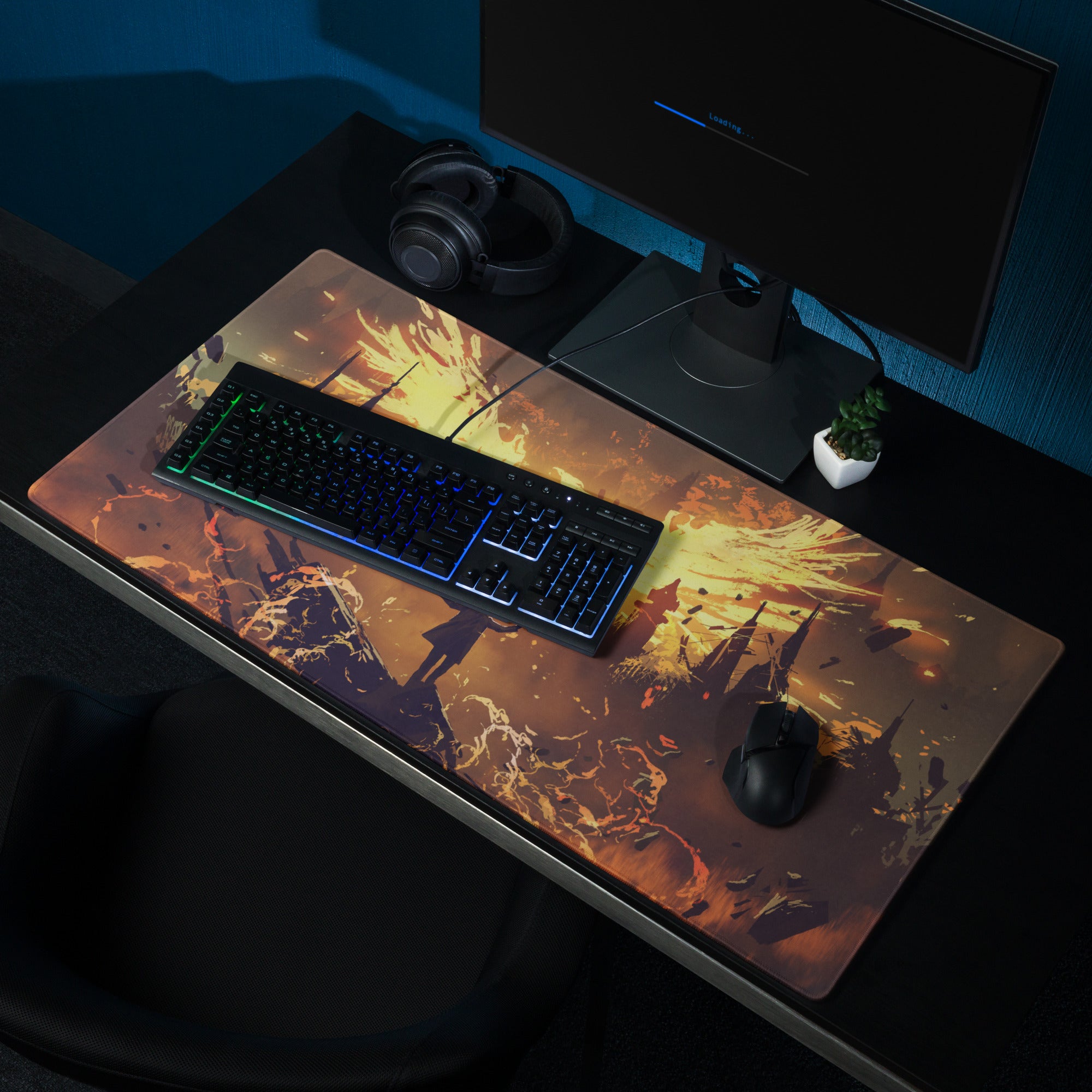 Inferno Siege Gaming Mouse Pad - Gaming Mouse Pad Orange Yellow Desk Fiery Mood Battlefield Style Digital Art