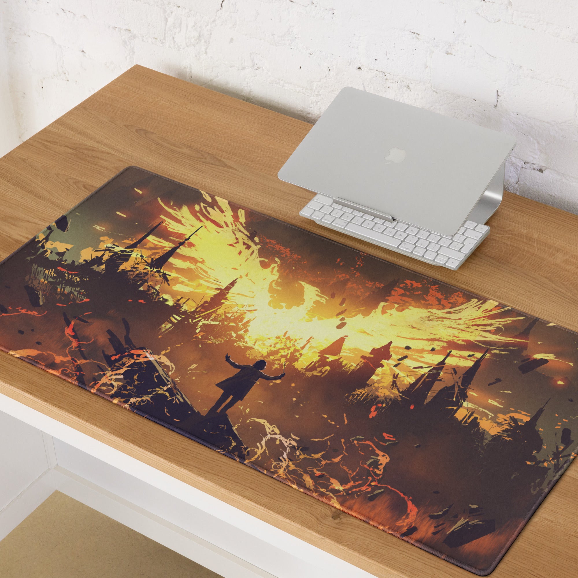 Inferno Siege Gaming Mouse Pad - Gaming Mouse Pad Orange Yellow Desk Fiery Mood Battlefield Style Digital Art