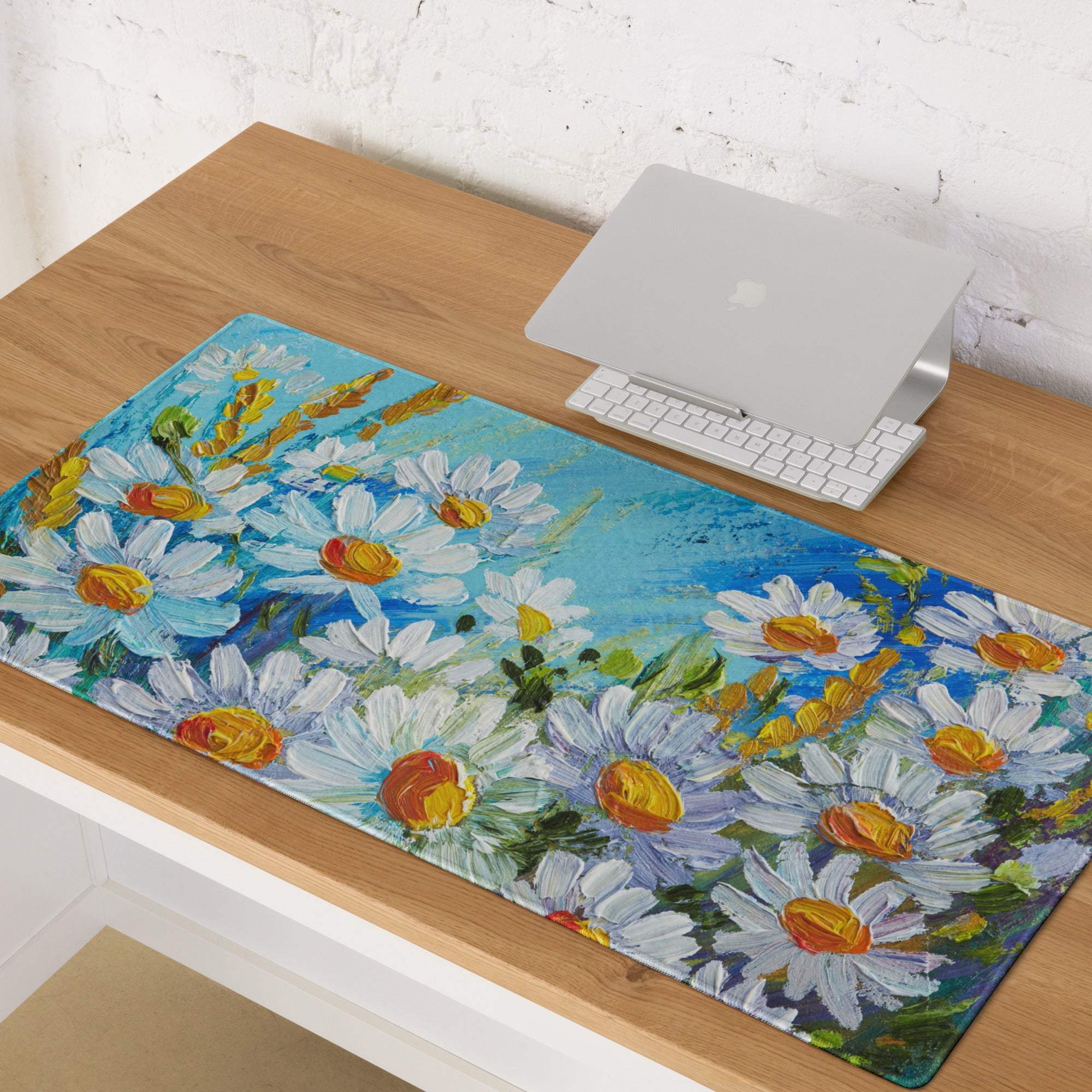 Impressionist floral gaming mouse pad with vibrant white daisies yellow centers on blue non slip desktop mat