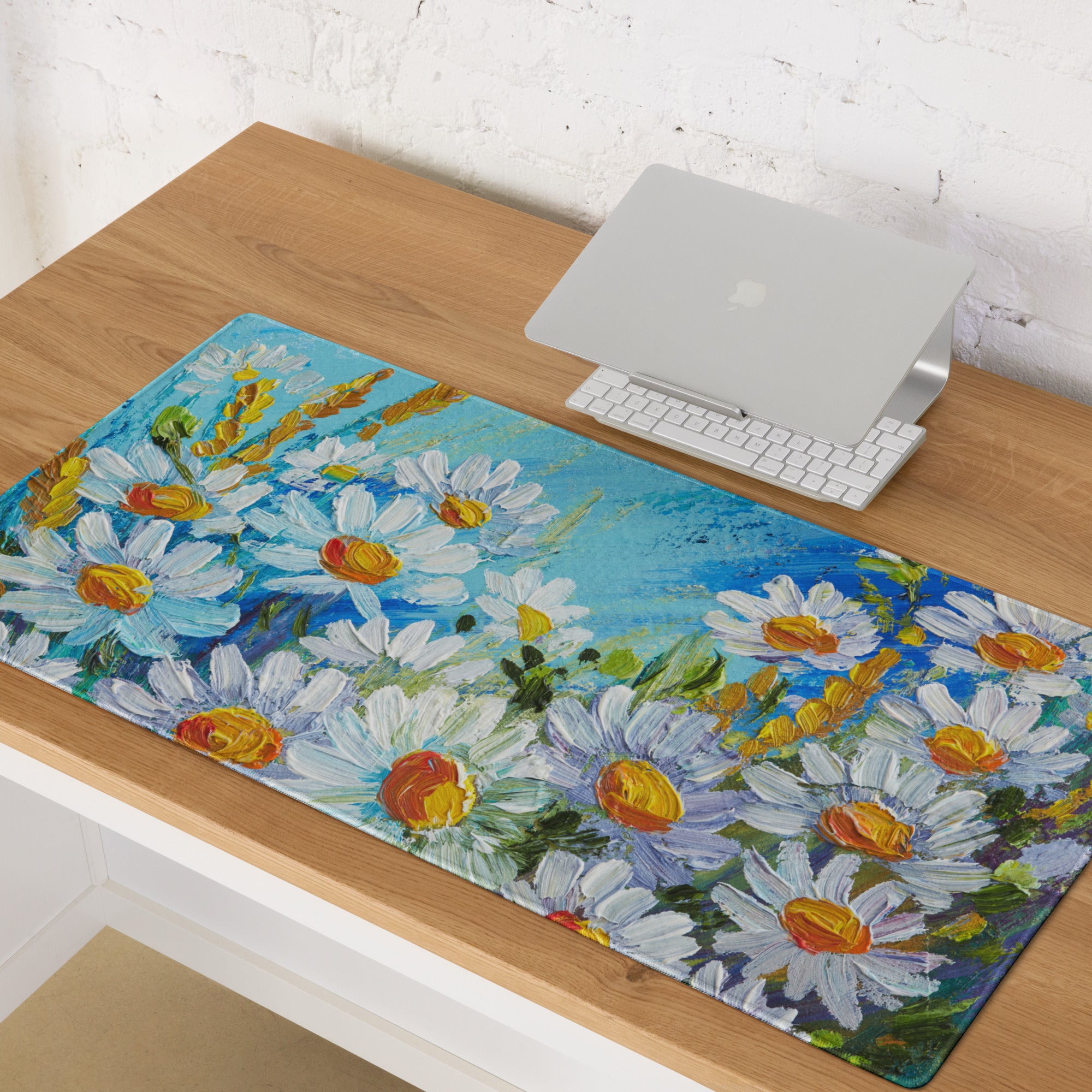 Impressionist Floral Gaming Mouse Pad - Gaming Mouse Pad Blue White Yellow Green Desktop Impressionist Cheerful Mood Botanical Desk Mat Esports Non Slip