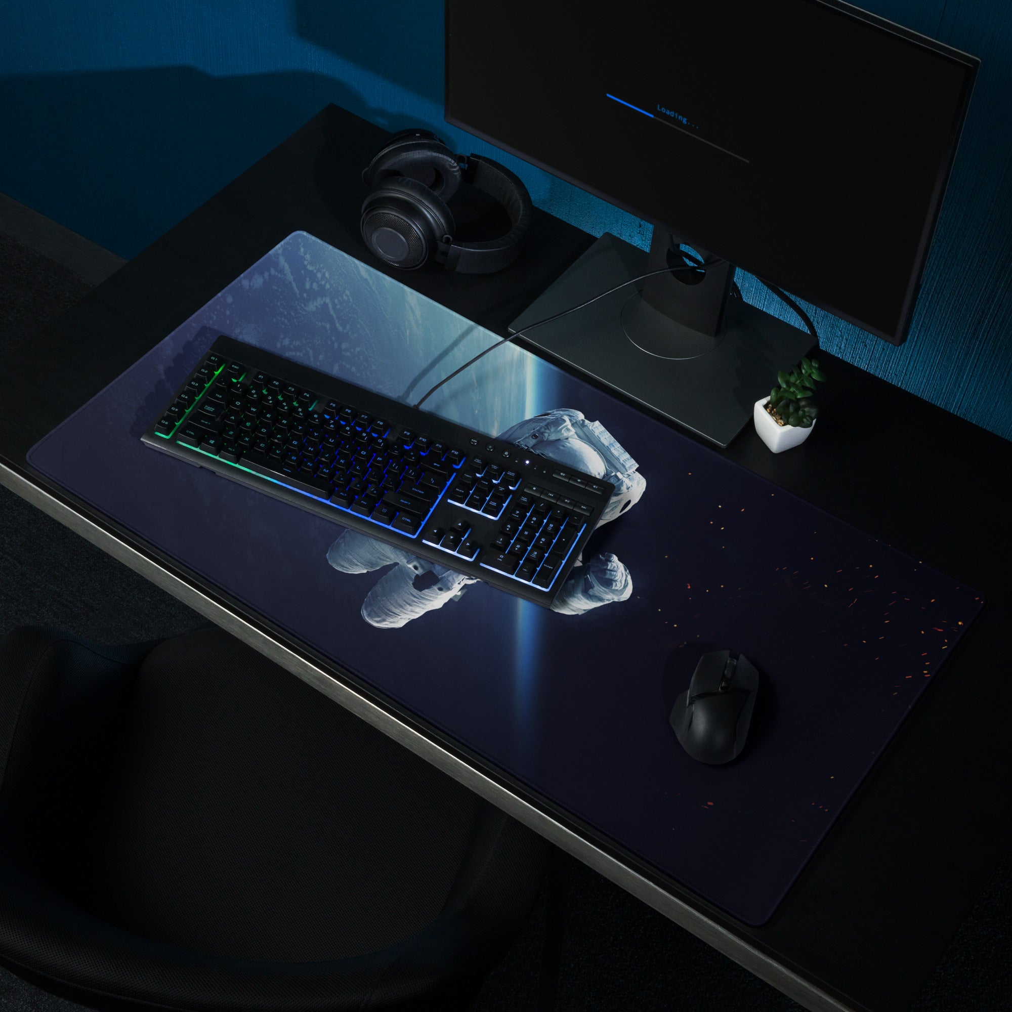 Cosmic Space Odyssey Gaming Mouse Pad - Astronaut Space Blue Black Gaming Mat Cinematic Sci Fi Moody Futuristic Space Themed Desk Mat