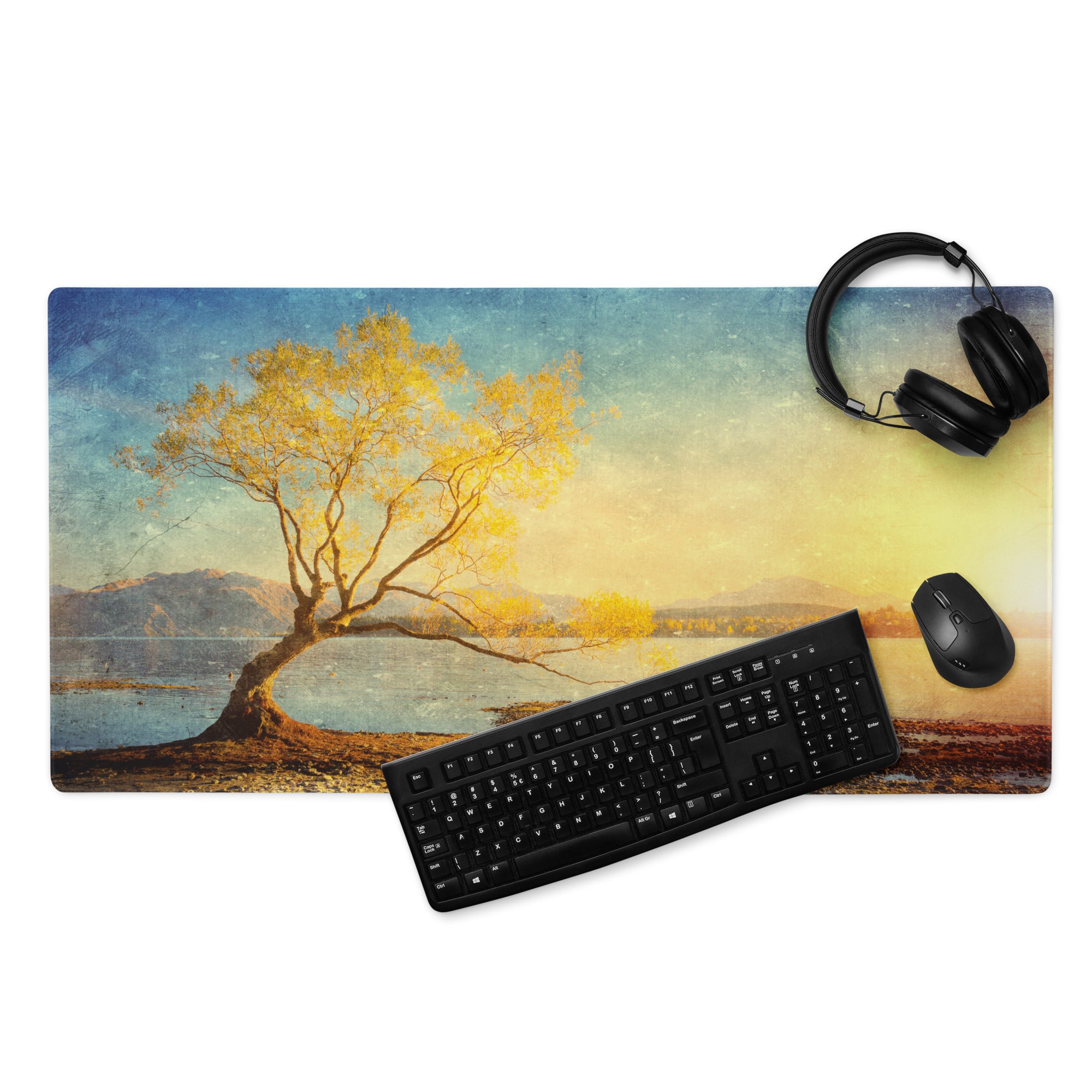 Serene Sunset Tree Landscape Mouse Pad - Tree Landscape Blue Teal Sunset Desktop Setup Vintage Calm Mood Minimalist Decor