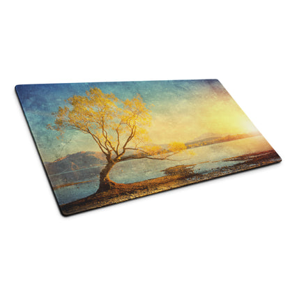Serene Sunset Tree Landscape Mouse Pad - Tree Landscape Blue Teal Sunset Desktop Setup Vintage Calm Mood Minimalist Decor