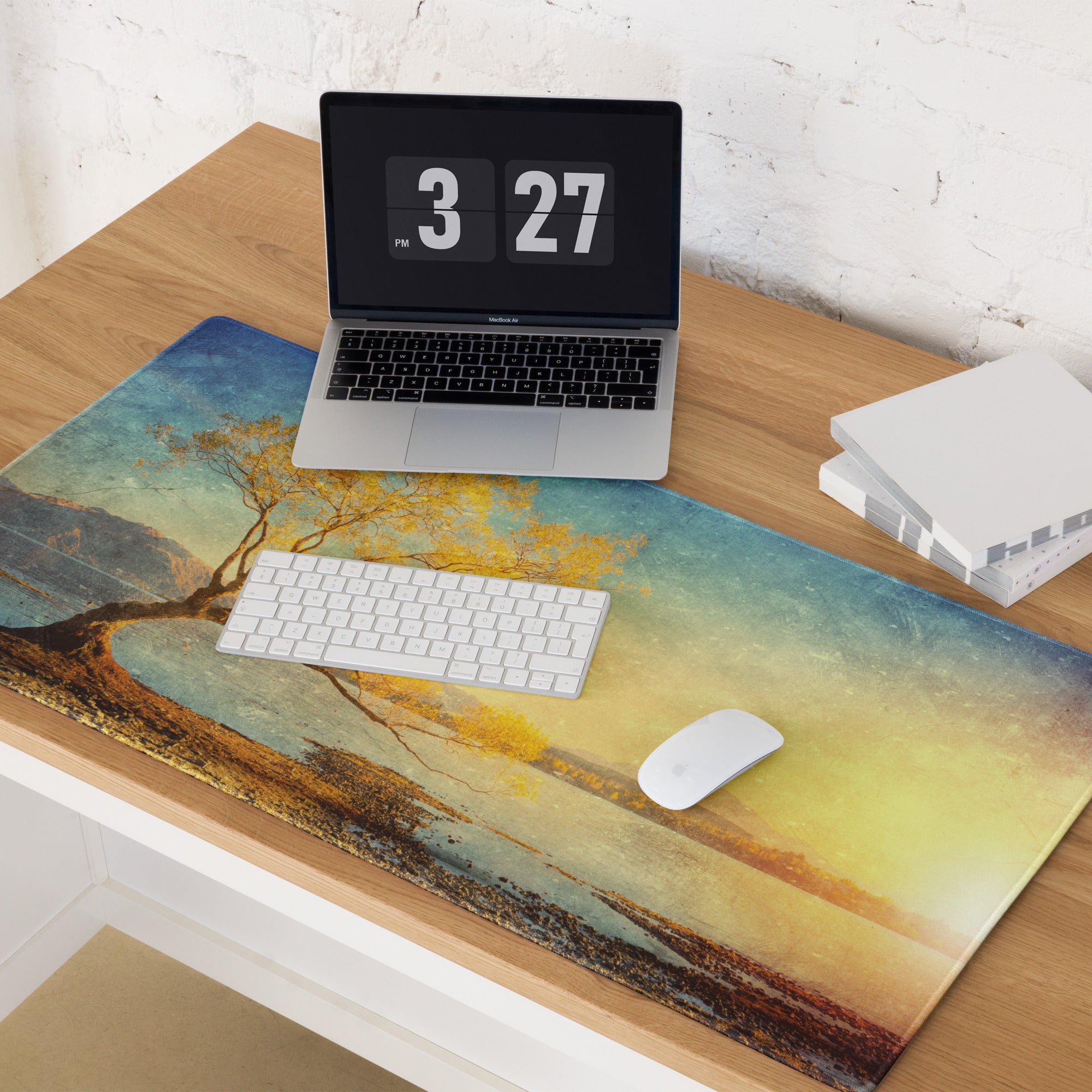 Serene Sunset Tree Landscape Mouse Pad - Tree Landscape Blue Teal Sunset Desktop Setup Vintage Calm Mood Minimalist Decor
