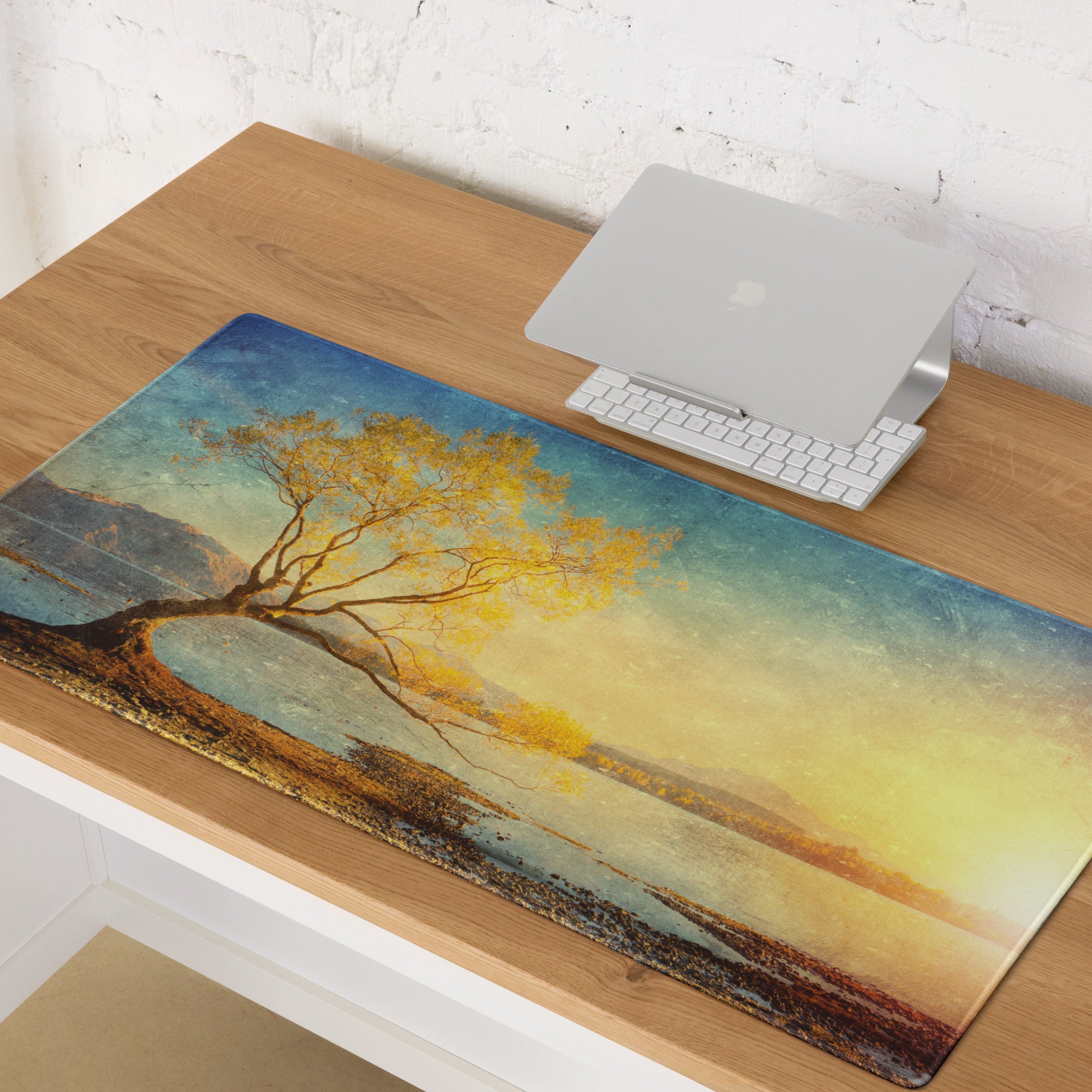 Serene Sunset Tree Landscape Mouse Pad - Tree Landscape Blue Teal Sunset Desktop Setup Vintage Calm Mood Minimalist Decor