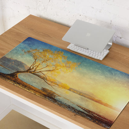 Serene Sunset Tree Landscape Mouse Pad - Tree Landscape Blue Teal Sunset Desktop Setup Vintage Calm Mood Minimalist Decor