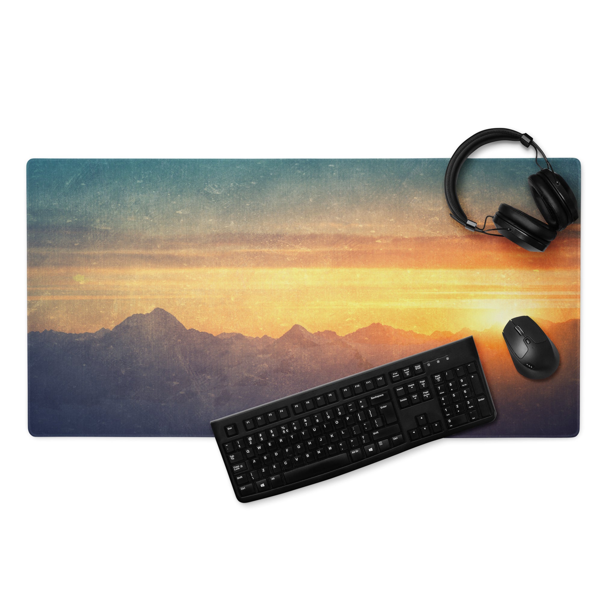 Sunset Mountain Landscape Gaming Pad - Sunset Mountain Landscape, Navy Gradient, Gaming Desk, Photo, Warm Mood