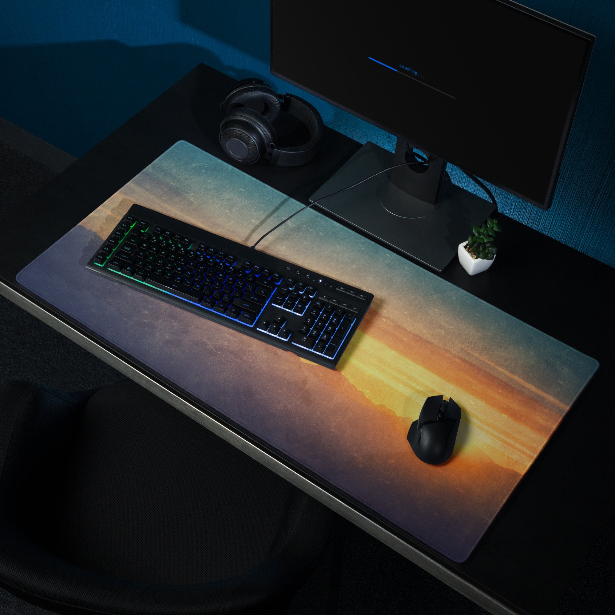 Sunset Mountain Landscape Gaming Pad - Sunset Mountain Landscape, Navy Gradient, Gaming Desk, Photo, Warm Mood