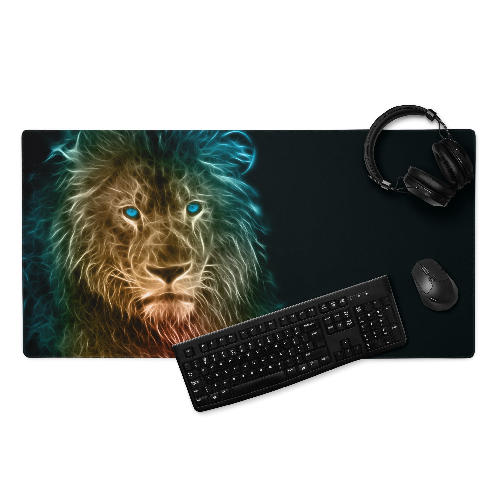 Cat Portrait Mouse Pad Multicolor Neon Gaming Desk Fractal Art - Mood Cyberpunk, Modern Minimal, Large Mouse Pad