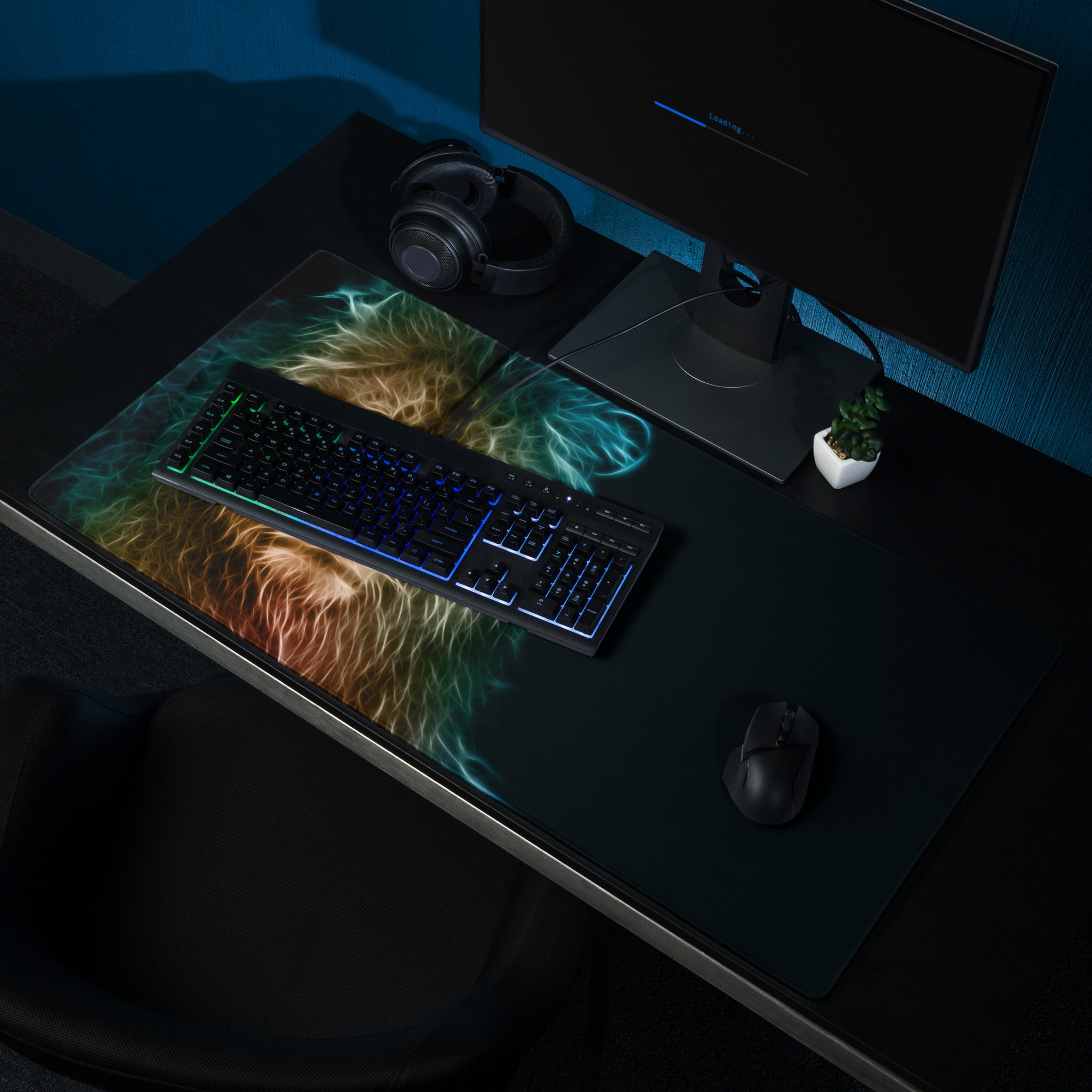 Cat Portrait Mouse Pad Multicolor Neon Gaming Desk Fractal Art - Mood Cyberpunk, Modern Minimal, Large Mouse Pad