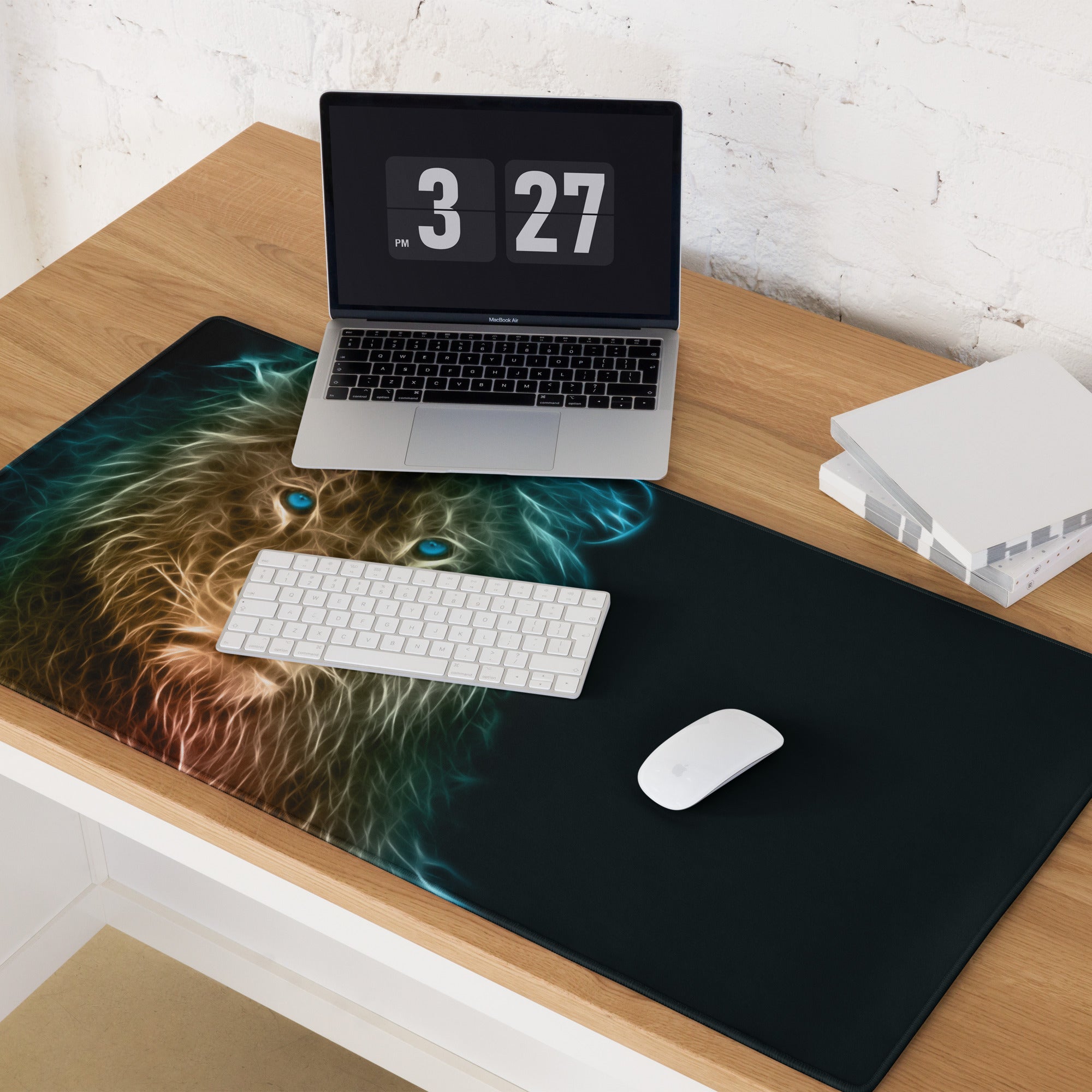 Cat Portrait Mouse Pad Multicolor Neon Gaming Desk Fractal Art - Mood Cyberpunk, Modern Minimal, Large Mouse Pad
