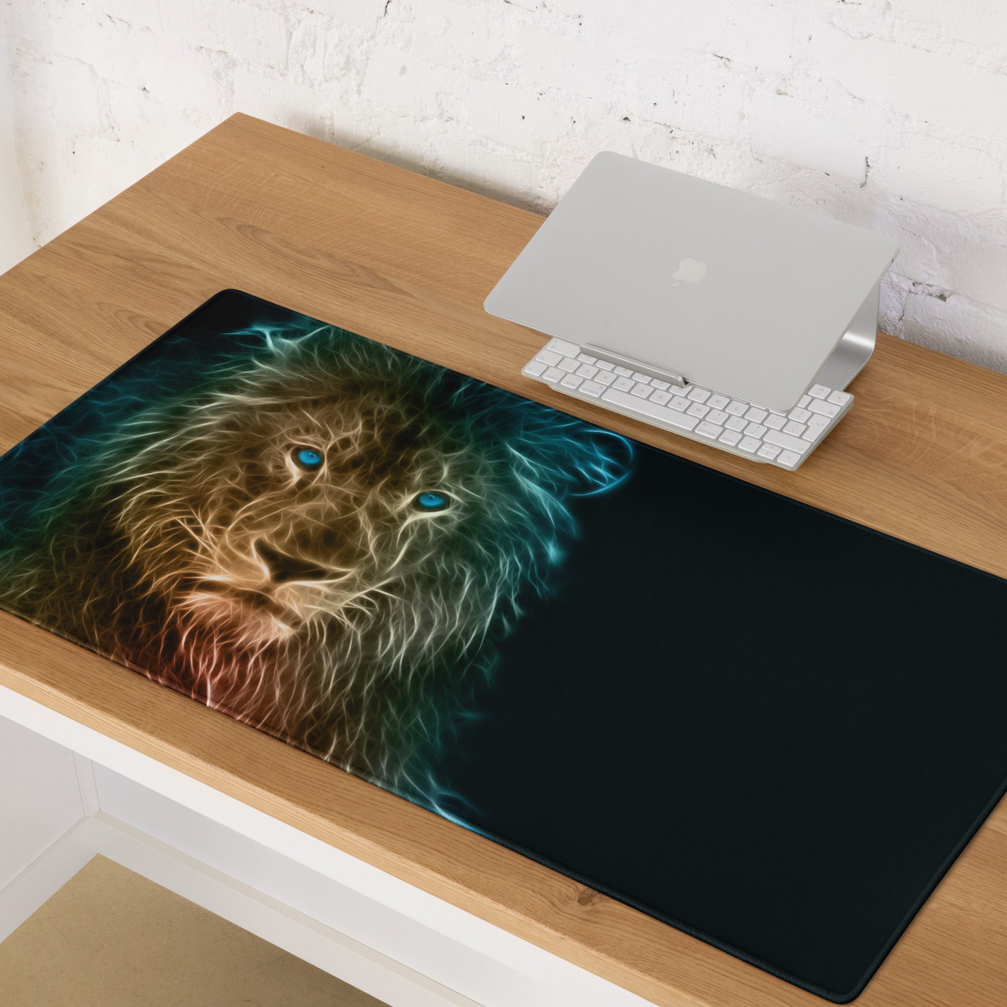 Cat Portrait Mouse Pad Multicolor Neon Gaming Desk Fractal Art - Mood Cyberpunk, Modern Minimal, Large Mouse Pad