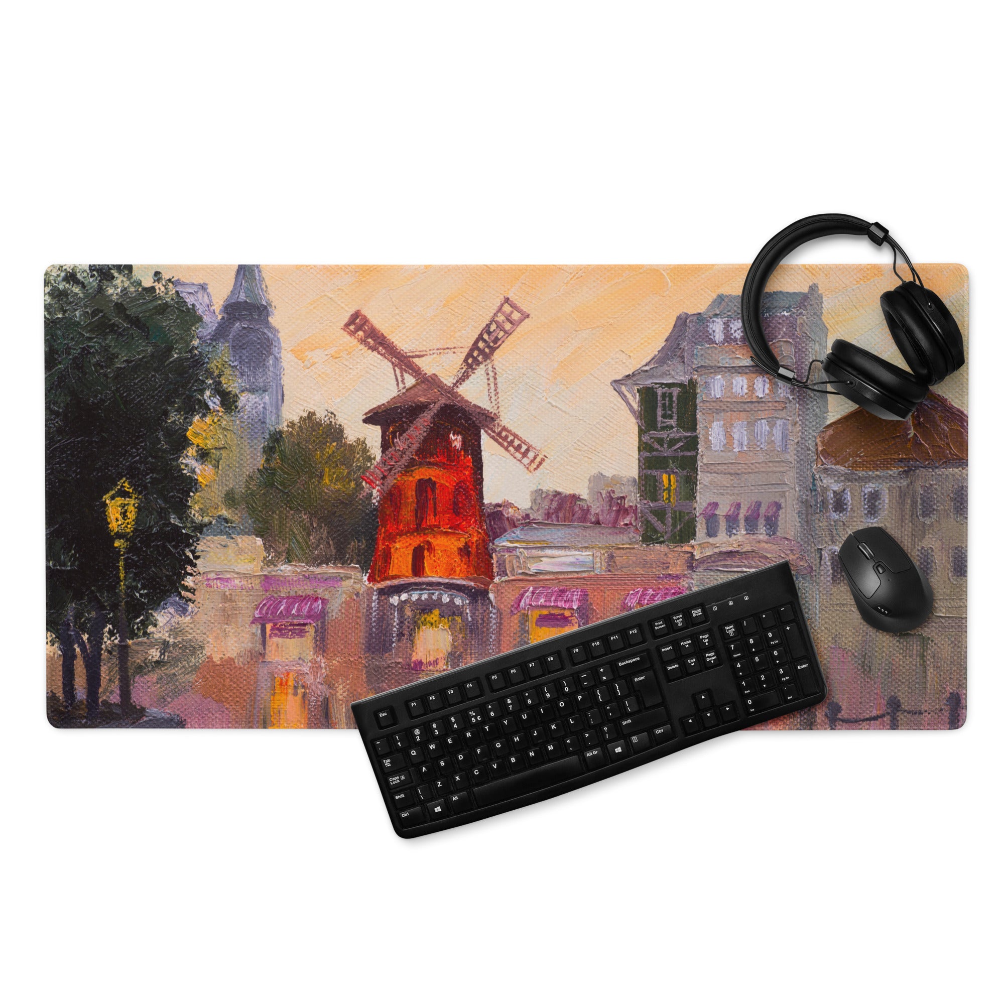 Dutch Windmill Desk Pad - Windmill Town Orange Purple Desk Gaming Impressionist Mood Warm Sunset Vintage Mouse Pad Oil