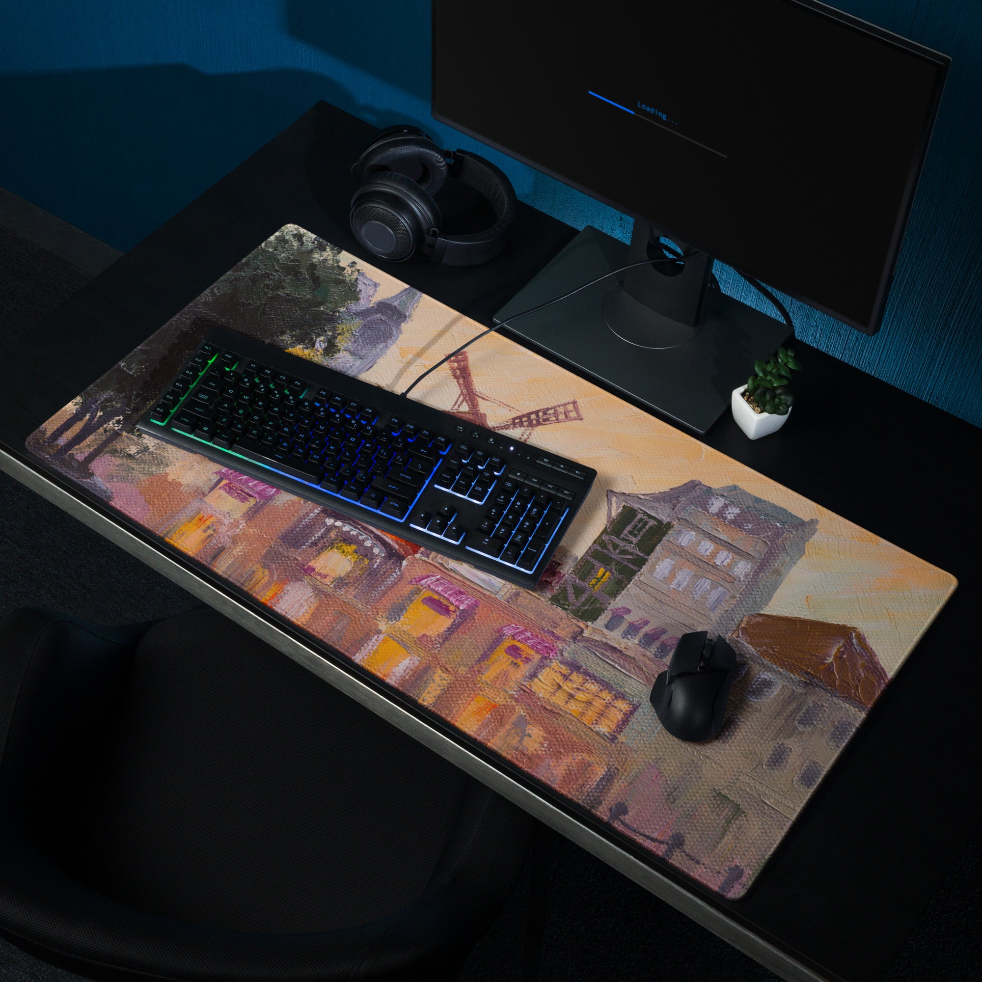 Dutch Windmill Desk Pad - Windmill Town Orange Purple Desk Gaming Impressionist Mood Warm Sunset Vintage Mouse Pad Oil