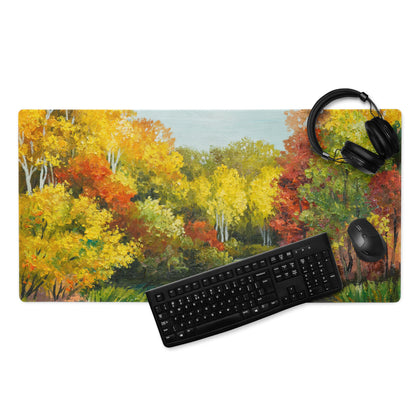Autumn Forest Impressionist Mouse Pad - Autumn Forest Scene Orange Yellow Red Desk Impressionist Vibrant Mood Oil