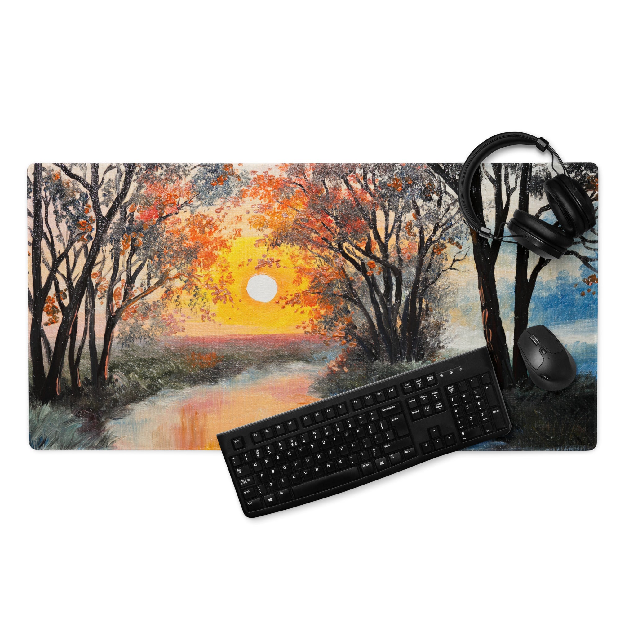 Sunset Forest Glow Desk Pad - Forest Sunset Orange Desk Impressionist Warm Dramatic Gallery Desk Setup Oil Painting