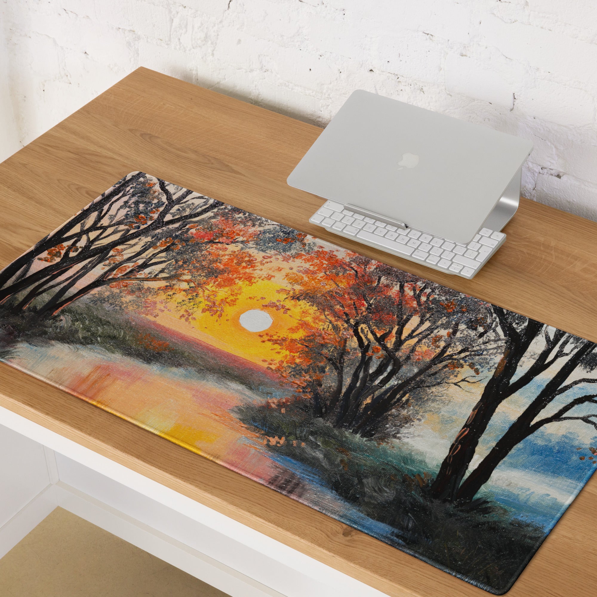 Sunset Forest Glow Desk Pad - Forest Sunset Orange Desk Impressionist Warm Dramatic Gallery Desk Setup Oil Painting