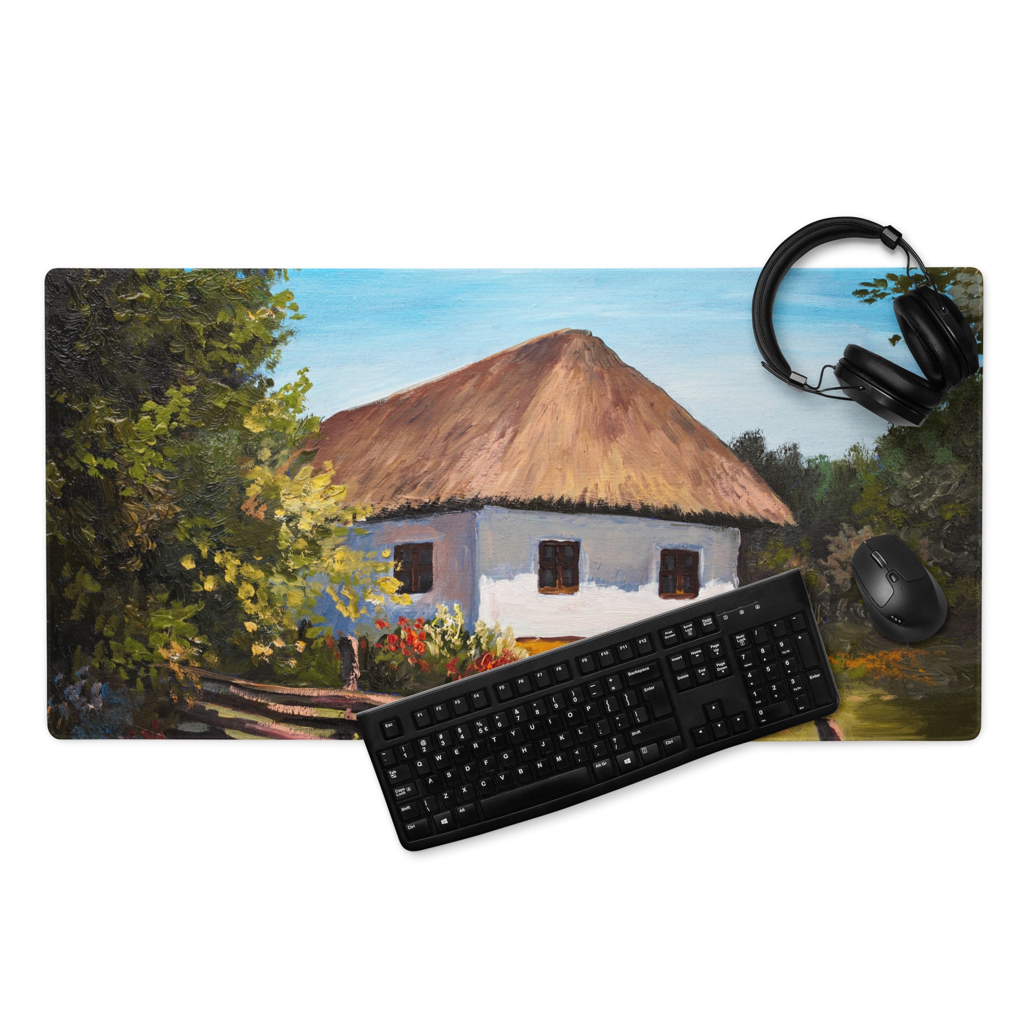 Thatched Roof Village Mouse Pad - Thatched Village Cottage Blue Sky Desk Impressionist Calm Rustic Desk Office Oil