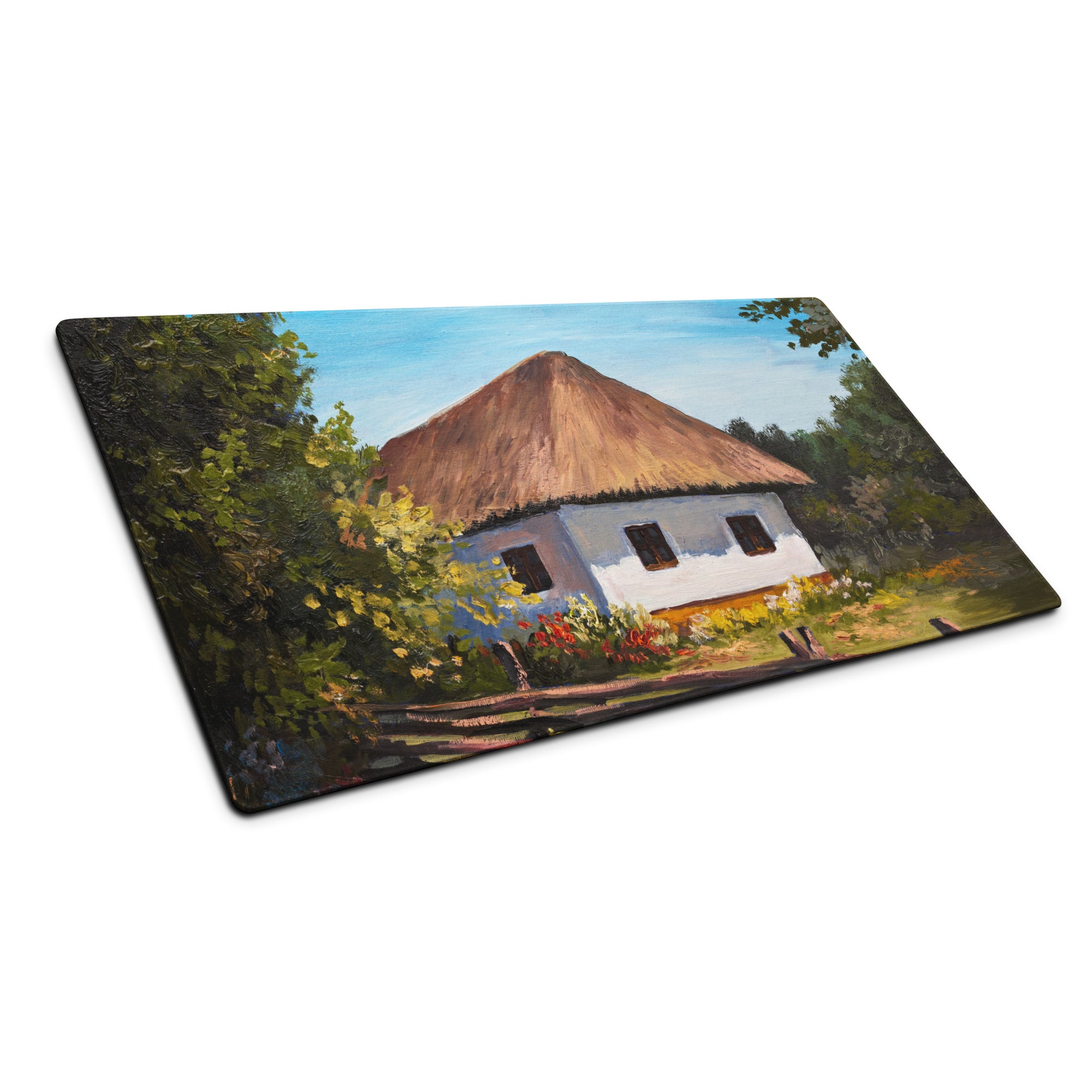 Thatched Roof Village Mouse Pad - Thatched Village Cottage Blue Sky Desk Impressionist Calm Rustic Desk Office Oil