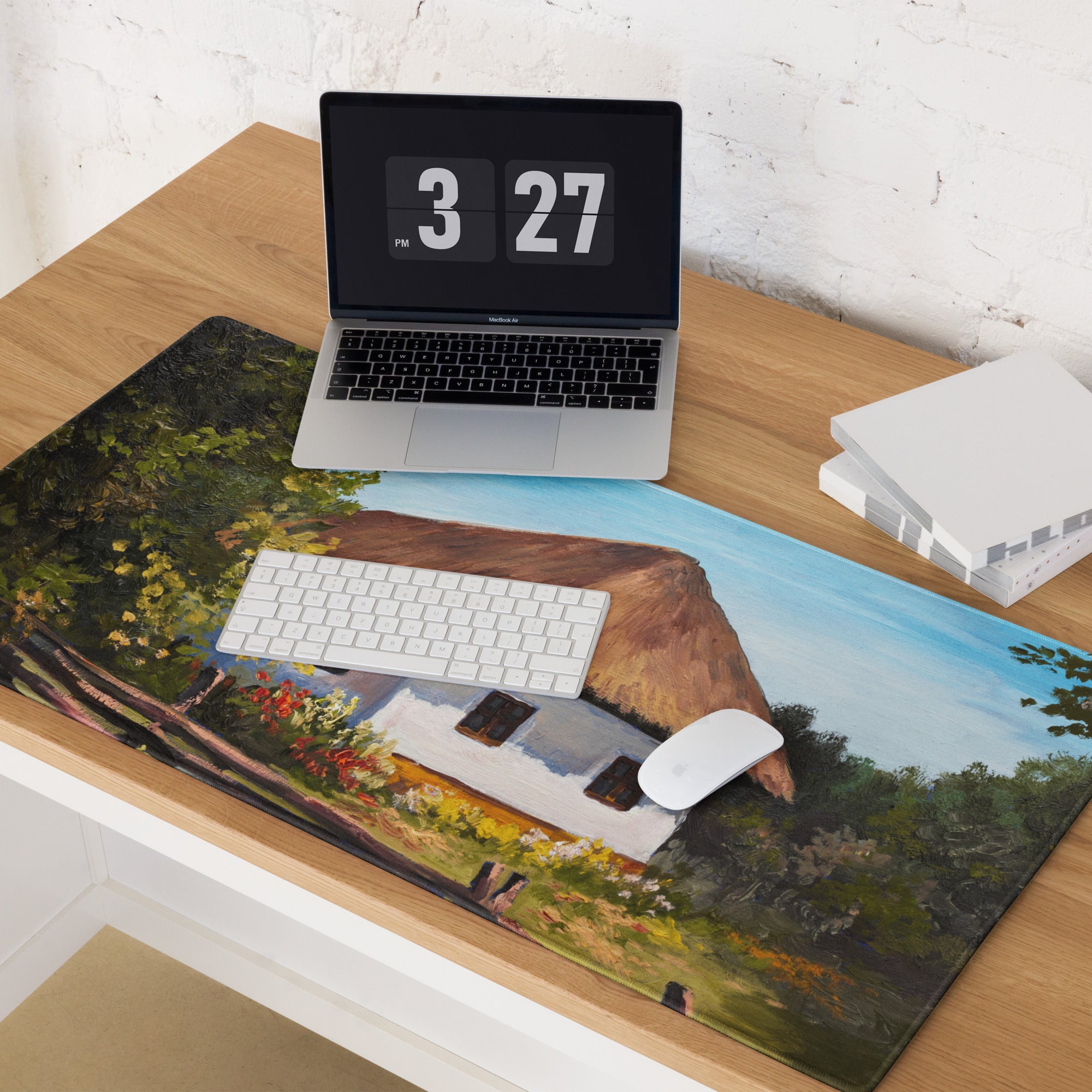 Thatched Roof Village Mouse Pad - Thatched Village Cottage Blue Sky Desk Impressionist Calm Rustic Desk Office Oil
